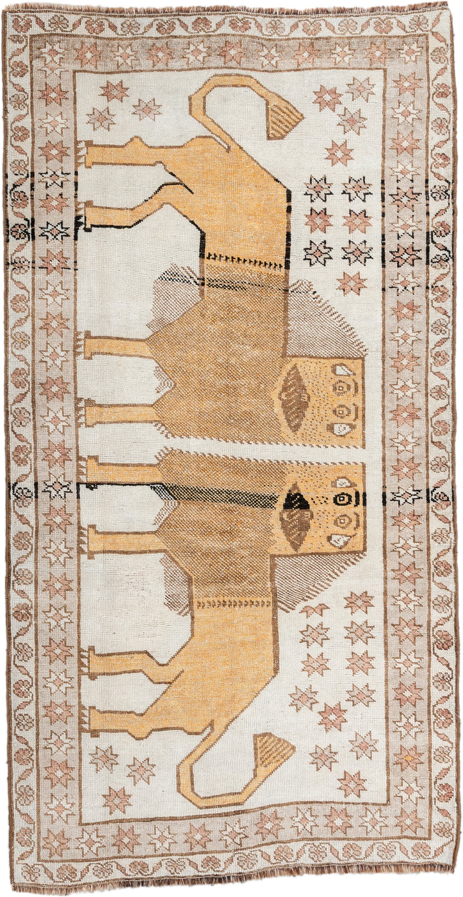 3' x 6' one-of-a-kind handmade antique Gabbe small size rug. Color palette: ivory, camel, taupe, tan, rose, charcoal, beige