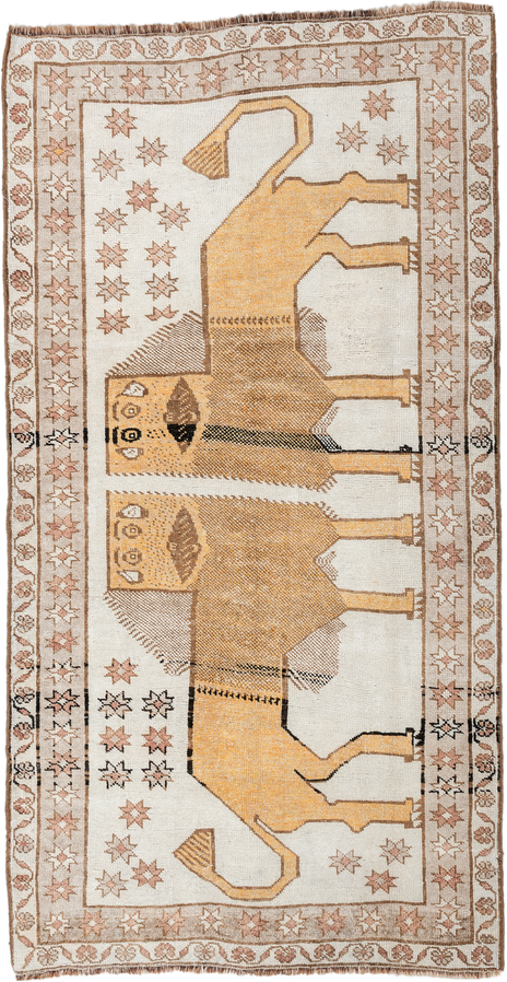 3' x 6' one-of-a-kind handmade antique Gabbe small size rug. Color palette: ivory, camel, taupe, tan, rose, charcoal, beige