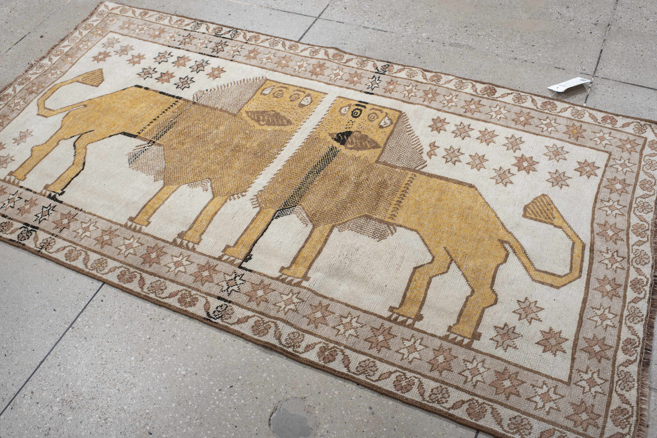 3' x 6' one-of-a-kind handmade antique Gabbe small size rug. Color palette: ivory, camel, taupe, tan, rose, charcoal, beige