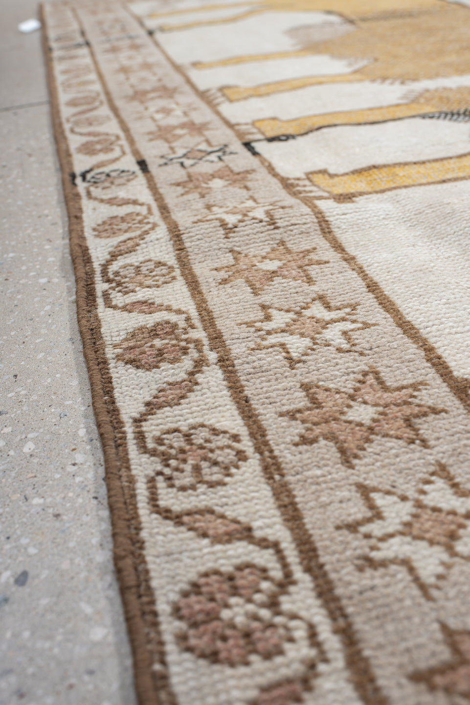 3' x 6' one-of-a-kind handmade antique Gabbe small size rug. Color palette: ivory, camel, taupe, tan, rose, charcoal, beige