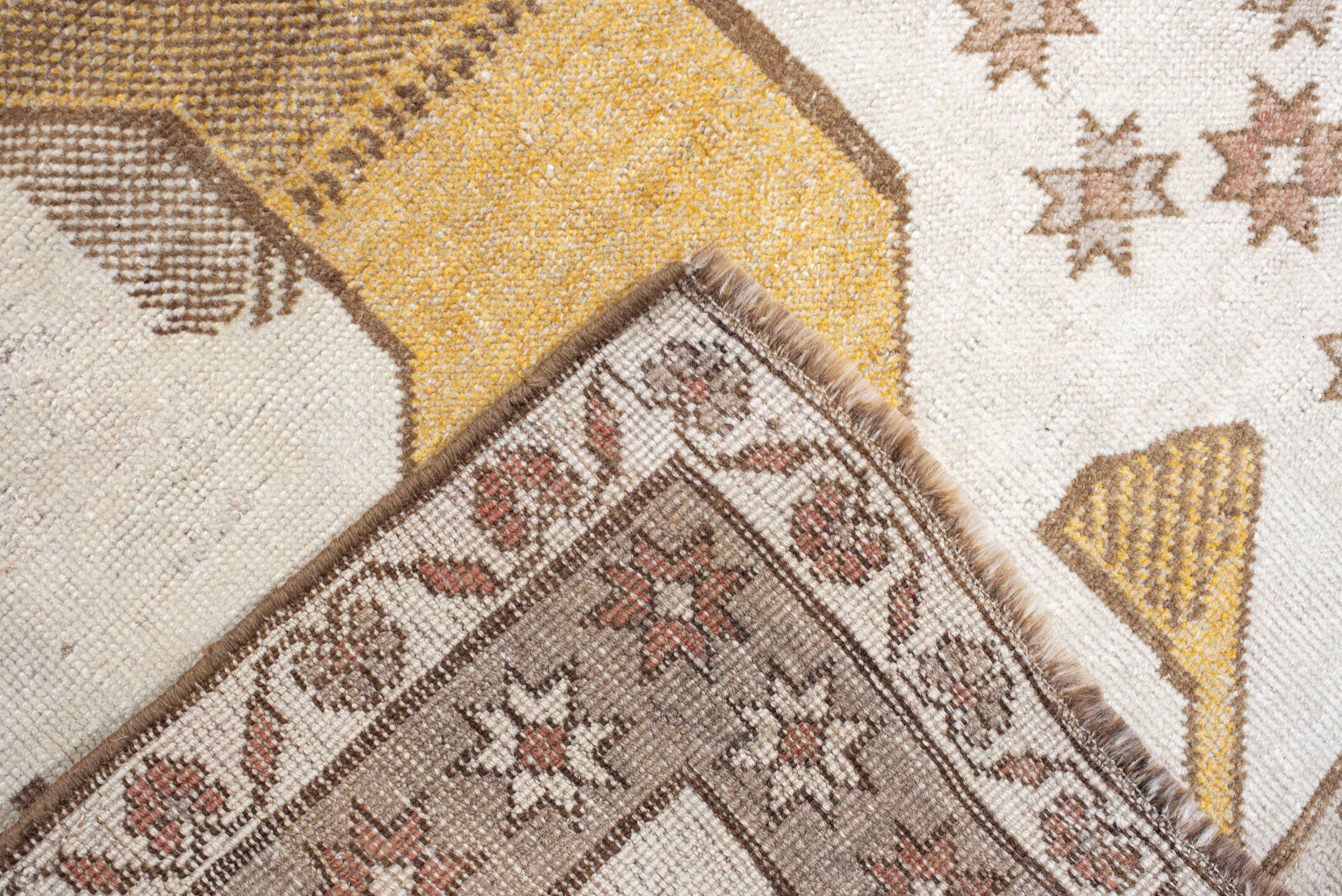 3' x 6' one-of-a-kind handmade antique Gabbe small size rug. Color palette: ivory, camel, taupe, tan, rose, charcoal, beige