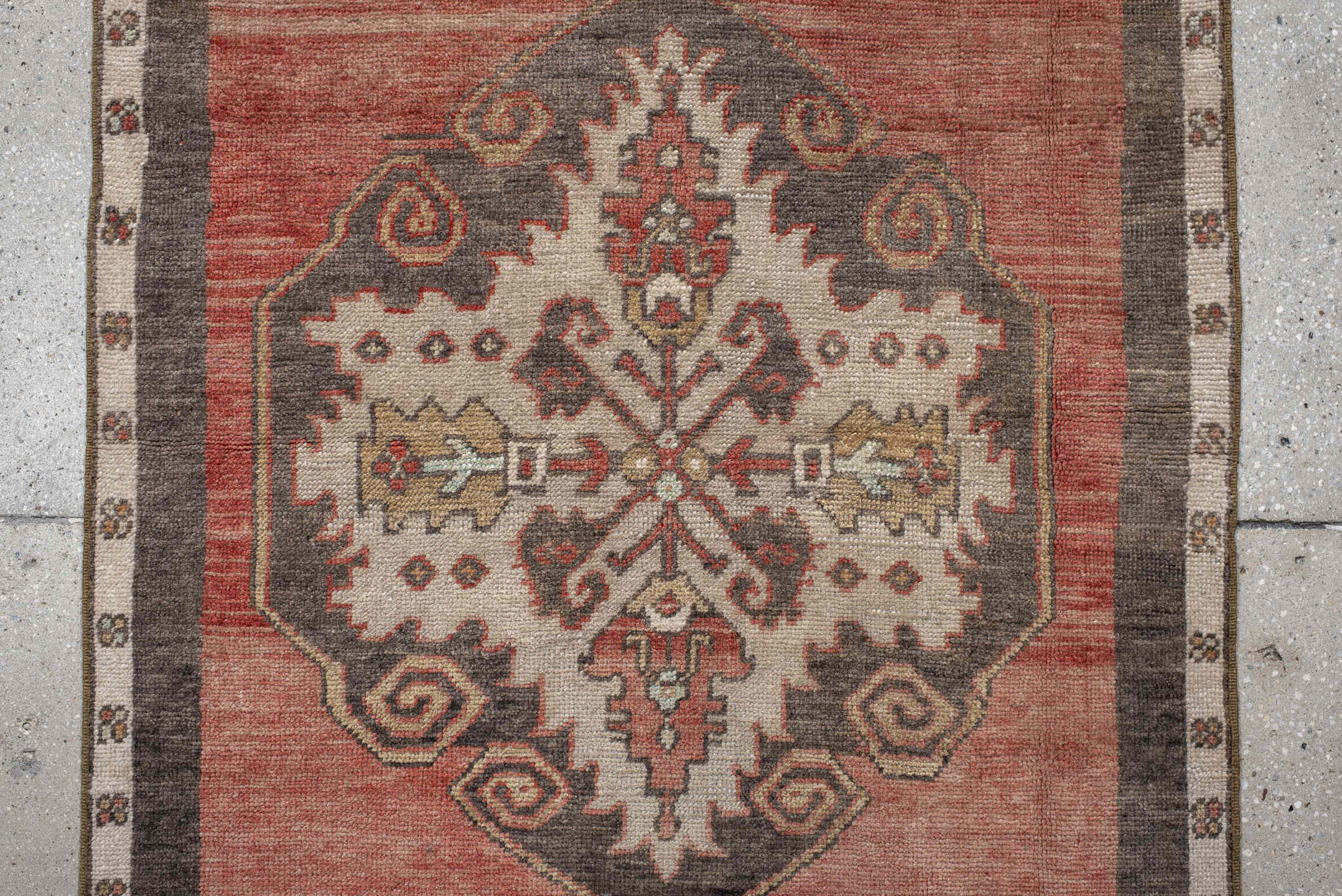 2' x 13' one-of-a-kind handmade vintage Anatol runner rug. Color palette: brown, gray, orange, pink, red, sienna