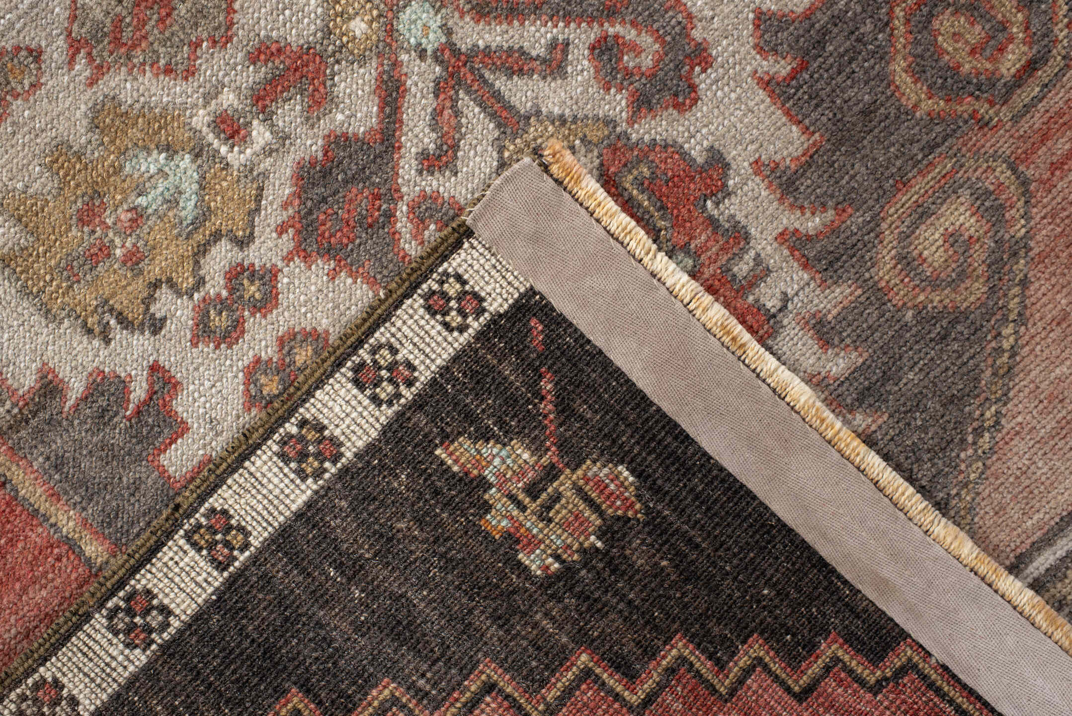 2' x 13' one-of-a-kind handmade vintage Anatol runner rug. Color palette: brown, gray, orange, pink, red, sienna