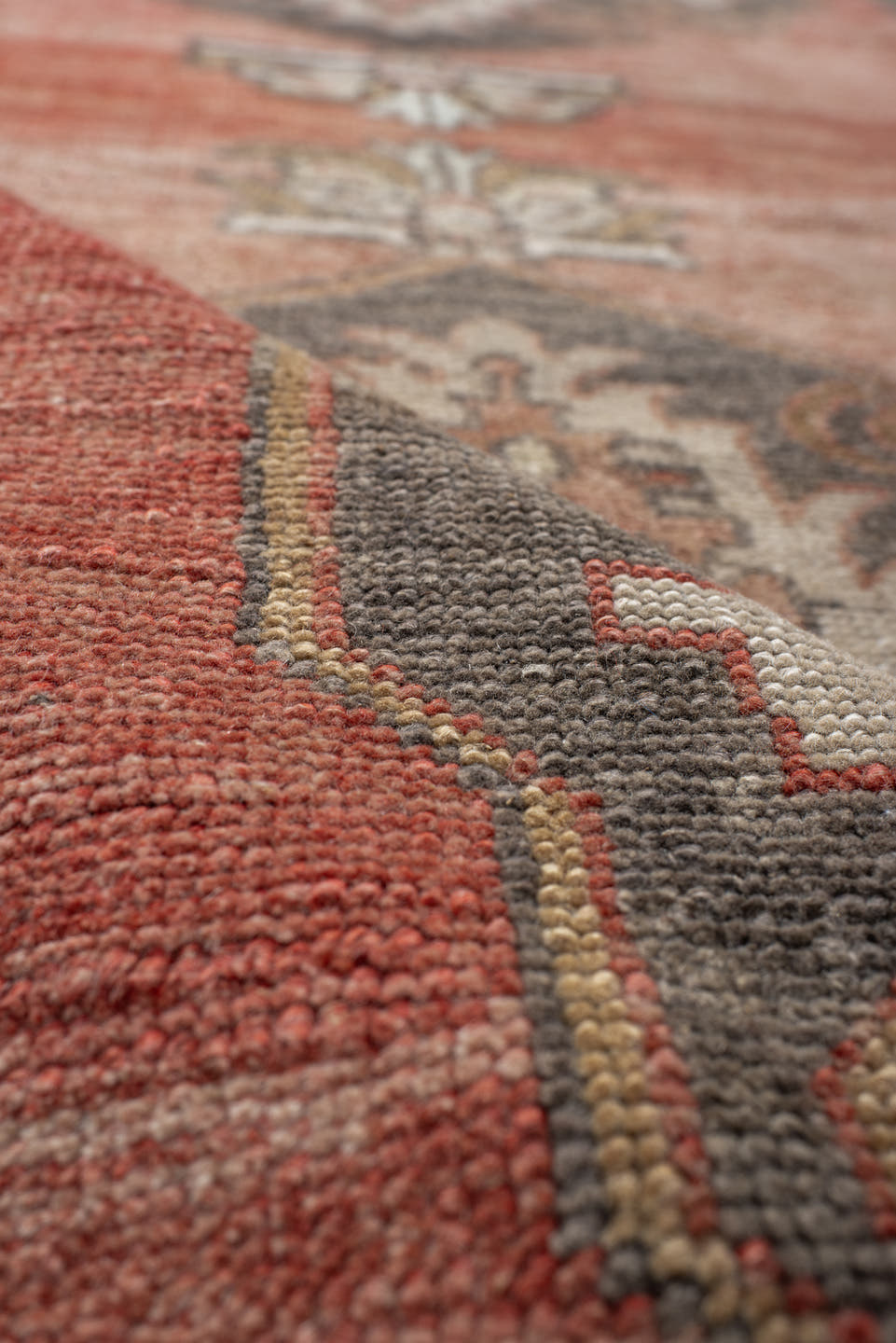 2' x 13' one-of-a-kind handmade antique Anatolian runner rug. Color palette: terra cotta, ivory, charcoal, taupe, rust, sage