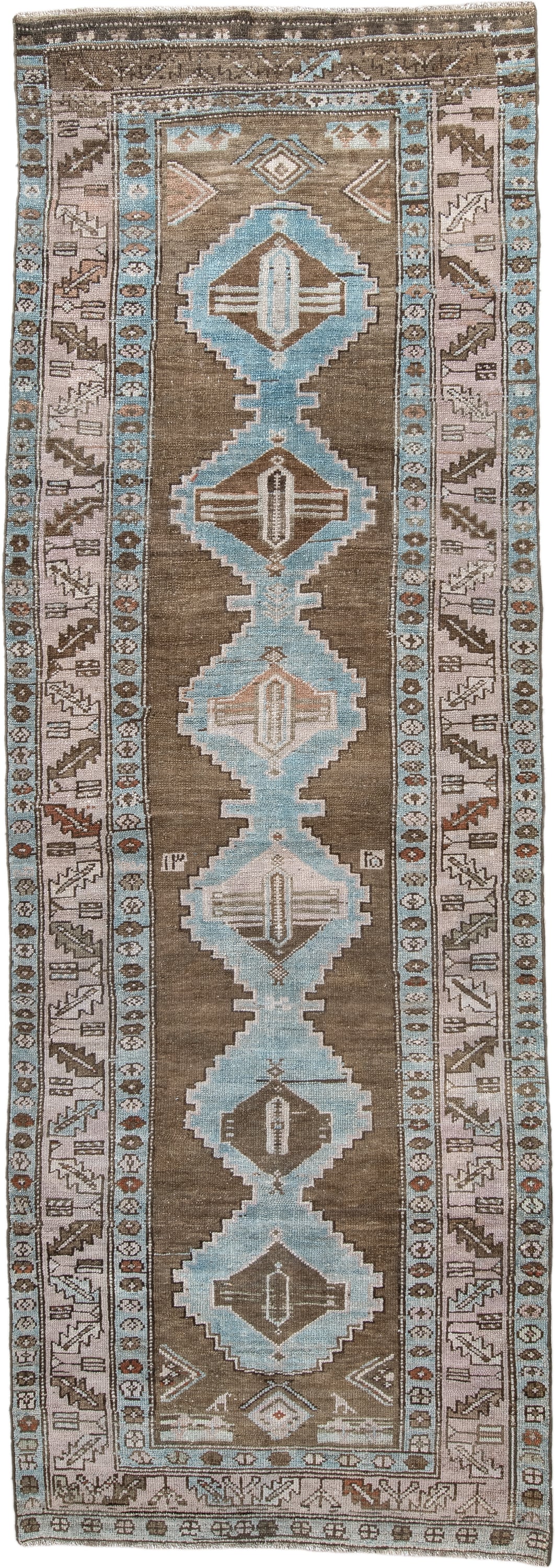 3' x 10' one-of-a-kind handmade vintage NW Persian runner rug. Color palette: taupe, sky blue, ivory, brown, camel, rust