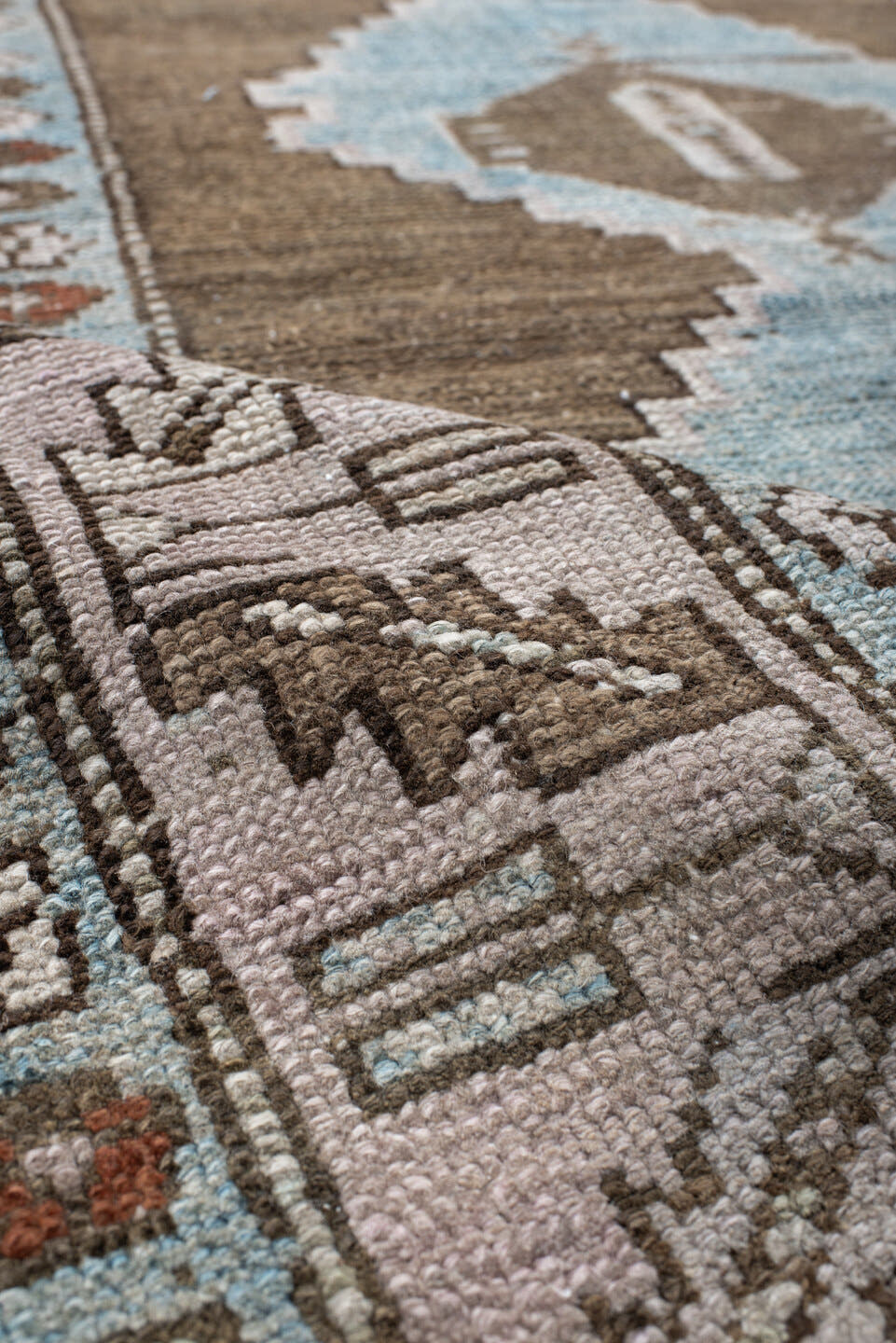 3' x 10' one-of-a-kind handmade vintage NW Persian runner rug. Color palette: taupe, sky blue, ivory, brown, camel, rust