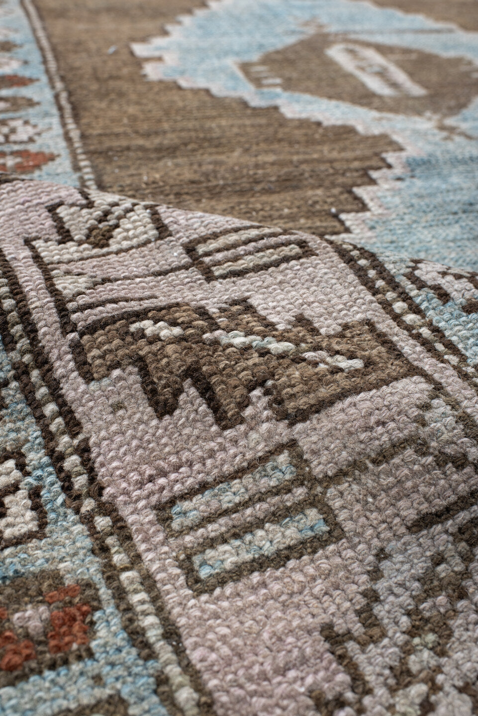 3' x 10' one-of-a-kind handmade vintage NW Persian runner rug. Color palette: taupe, sky blue, ivory, brown, camel, rust