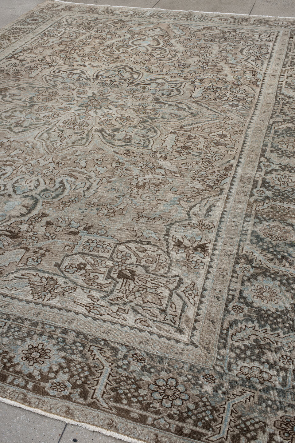 9' x 12' one-of-a-kind handmade antique Heriz large size rug. Color palette: taupe, brown, ivory, pale_blue, charcoal, beige