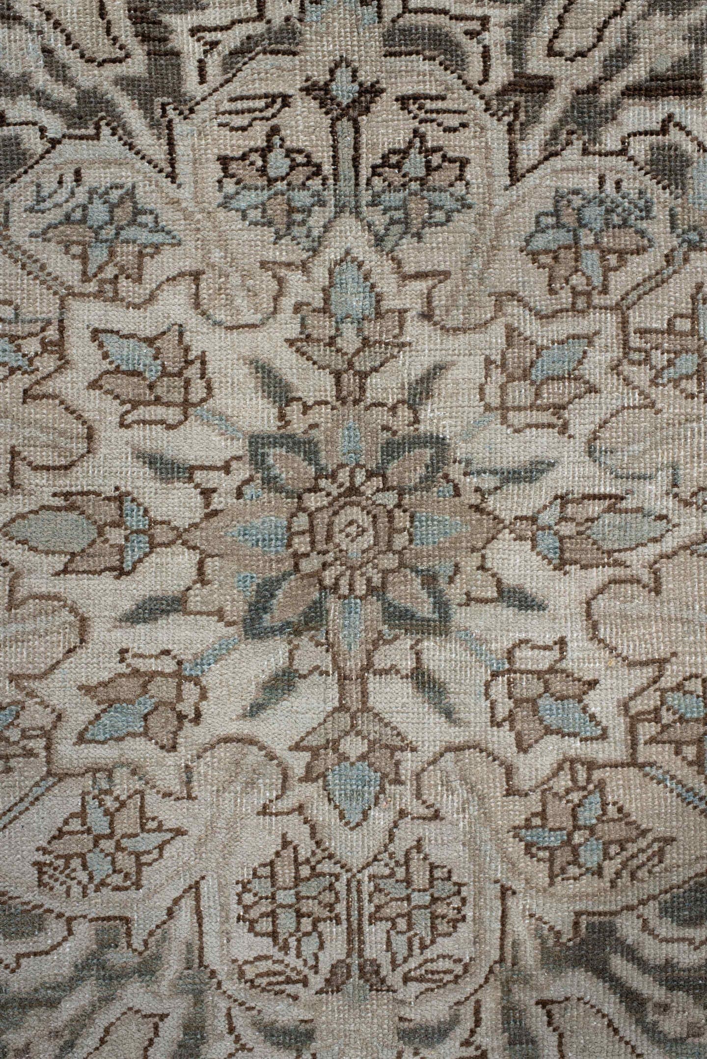 9' x 12' one-of-a-kind handmade antique Heriz large size rug. Color palette: taupe, brown, ivory, pale_blue, charcoal, beige