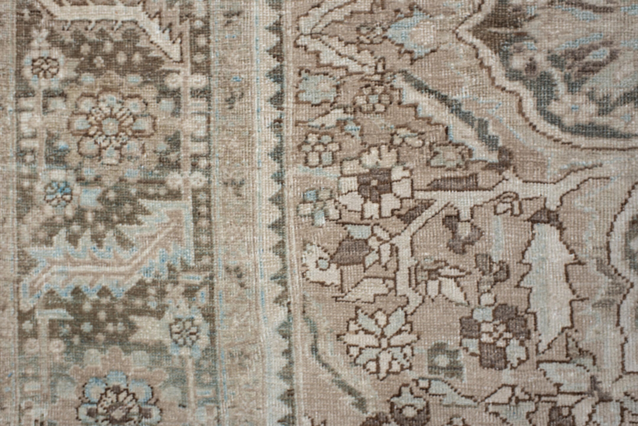9' x 12' one-of-a-kind handmade antique Heriz large size rug. Color palette: taupe, brown, ivory, pale_blue, charcoal, beige