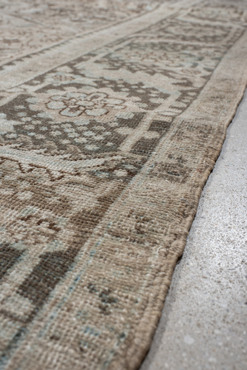 9' x 12' one-of-a-kind handmade antique Heriz large size rug. Color palette: taupe, brown, ivory, pale_blue, charcoal, beige