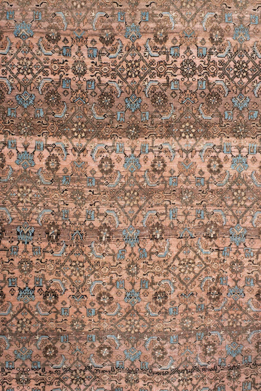 7' x 10' one-of-a-kind handmade vintage Bidjar large size rug. Color palette: rose, taupe, brown, ivory, light blue