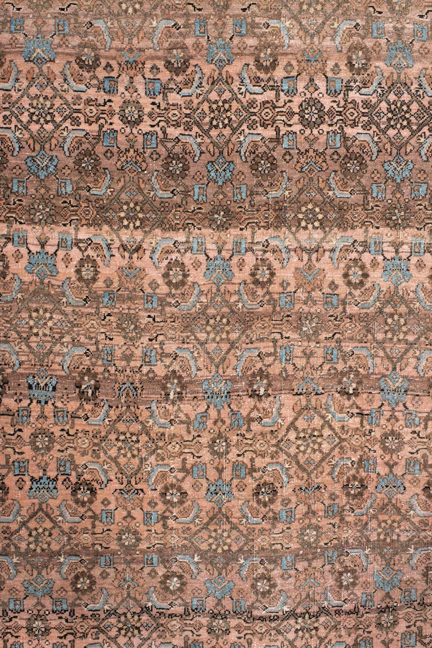 7' x 10' one-of-a-kind handmade vintage Bidjar large size rug. Color palette: rose, taupe, brown, ivory, light blue