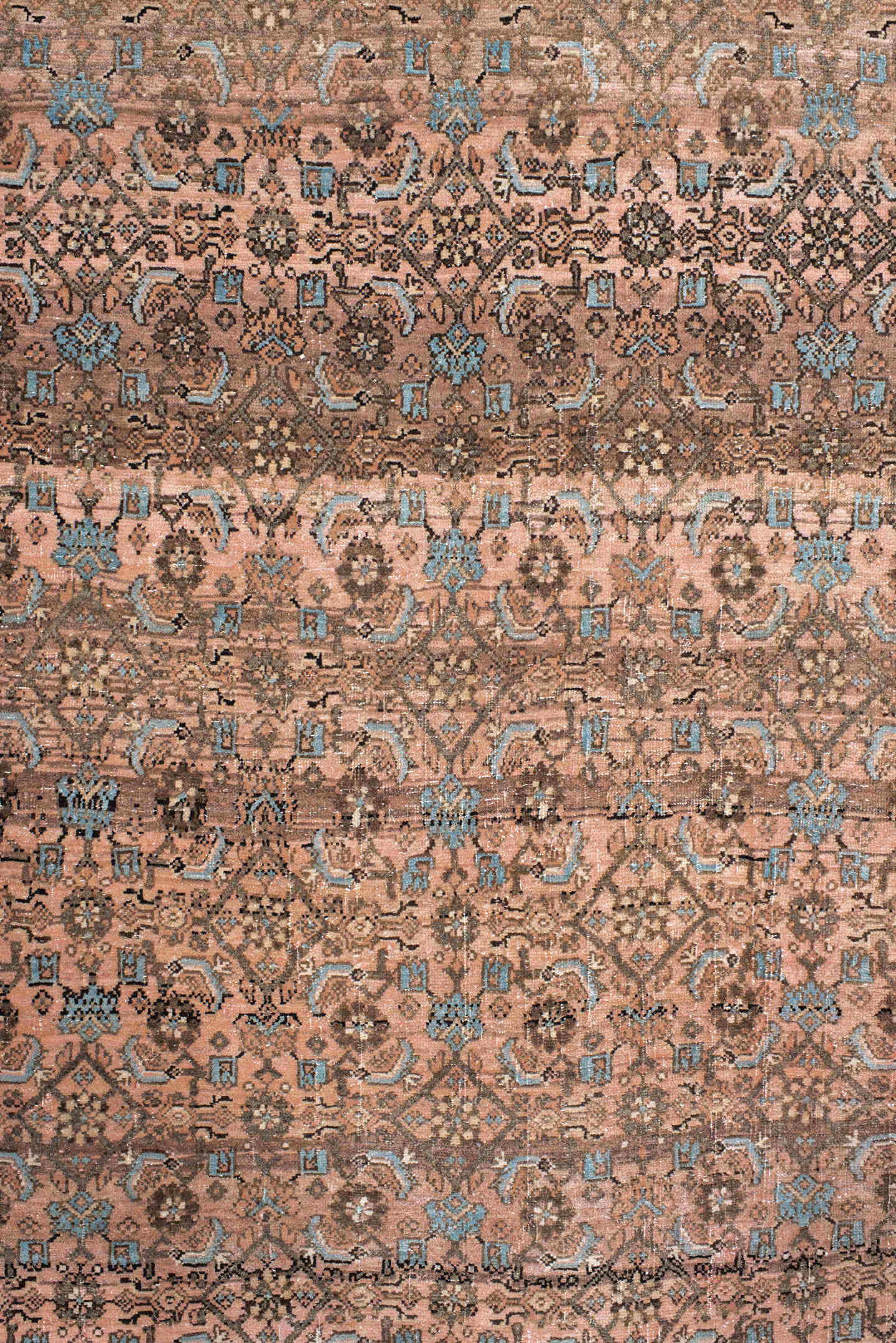 7' x 10' one-of-a-kind handmade vintage Bidjar large size rug. Color palette: rose, taupe, brown, ivory, light blue