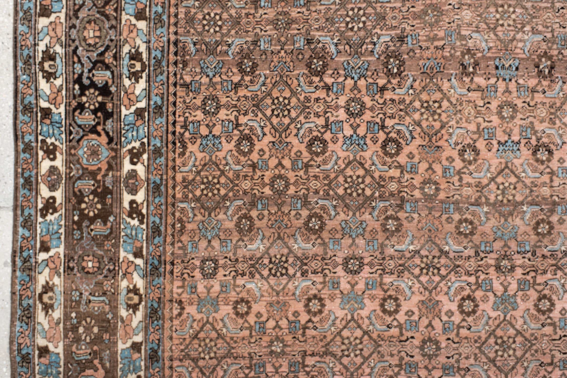 7' x 10' one-of-a-kind handmade vintage Bidjar large size rug. Color palette: rose, taupe, brown, ivory, light blue