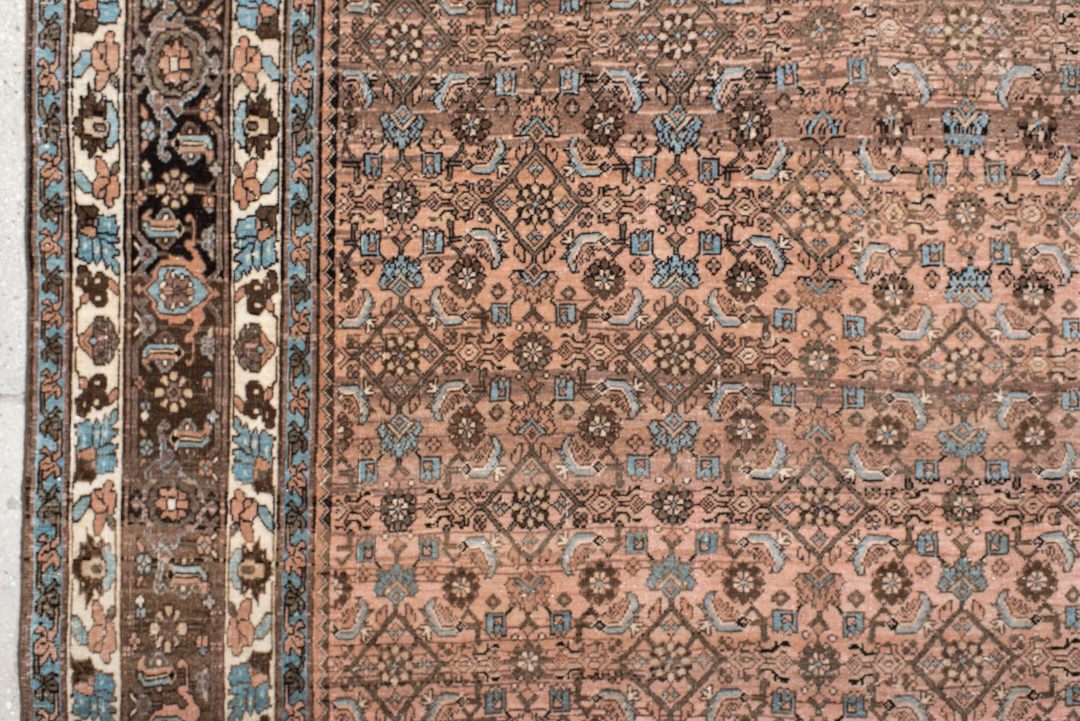 7' x 10' one-of-a-kind handmade vintage Bidjar large size rug. Color palette: rose, taupe, brown, ivory, light blue