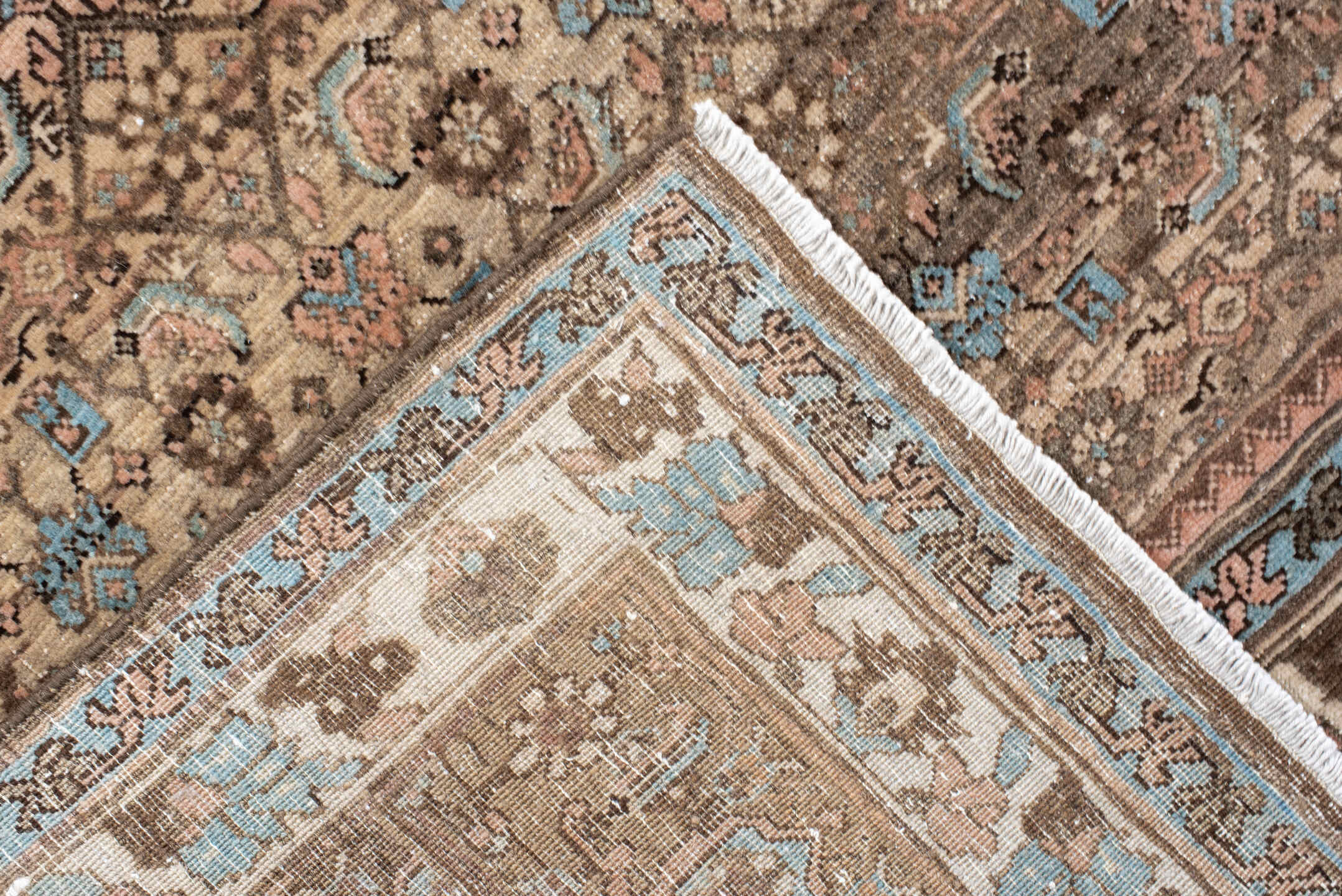 7' x 10' one-of-a-kind handmade vintage Bidjar large size rug. Color palette: rose, taupe, brown, ivory, light blue