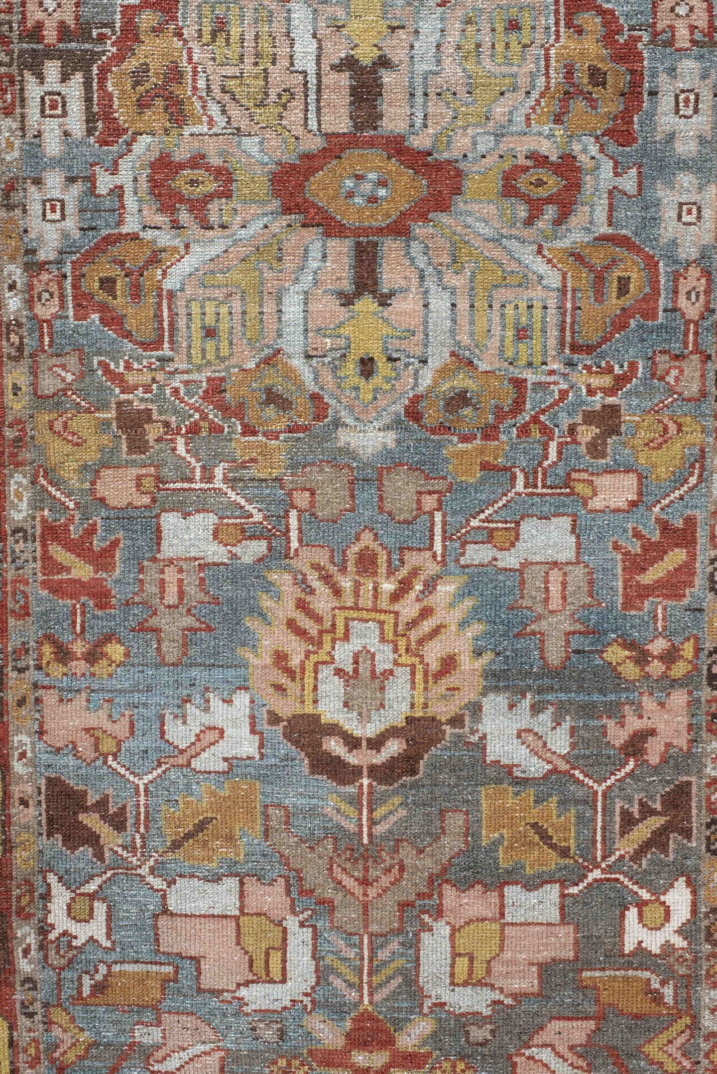 3' x 16' one-of-a-kind handmade vintage Baktiary runner rug. Color palette: sky blue, rust, ivory, taupe, camel, sage, brown