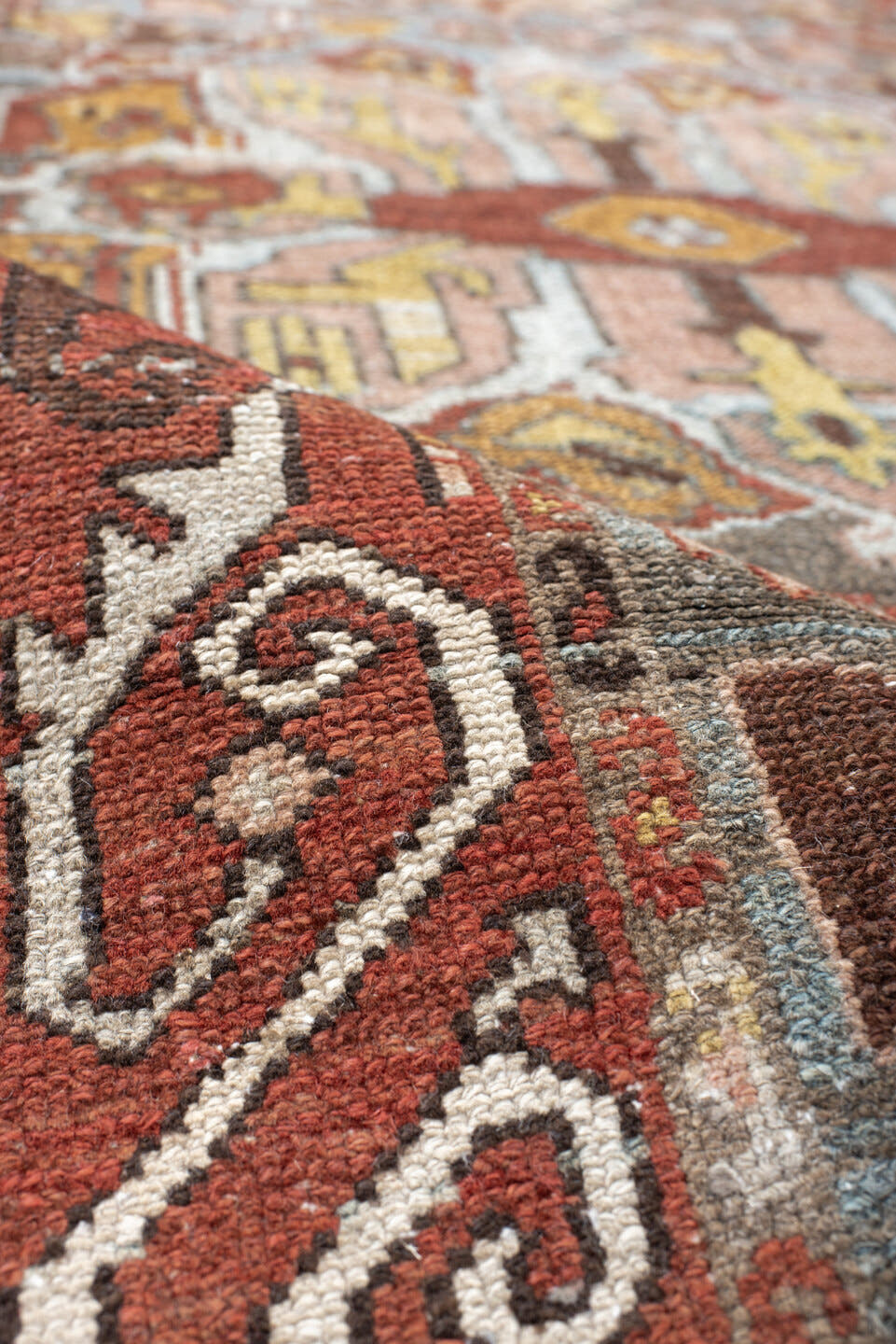 3' x 16' one-of-a-kind handmade vintage Baktiary runner rug. Color palette: sky blue, rust, ivory, taupe, camel, sage, brown