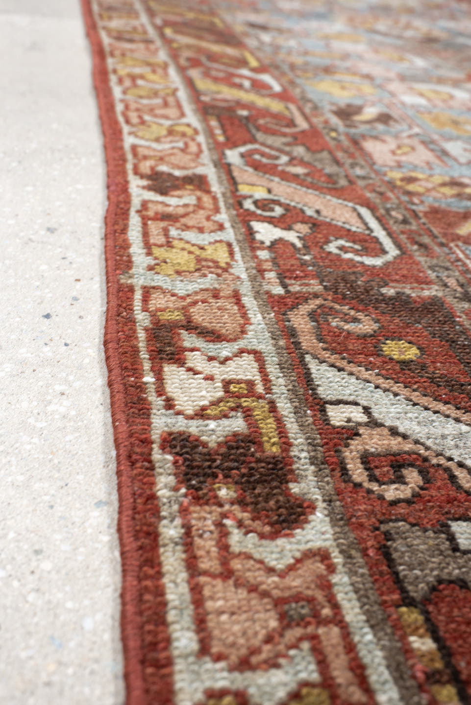 3' x 16' one-of-a-kind handmade vintage Baktiary runner rug. Color palette: sky blue, rust, ivory, taupe, camel, sage, brown
