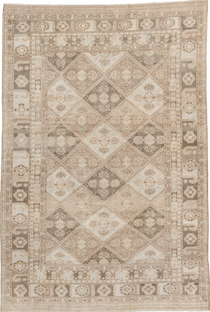 6' x 9' one-of-a-kind handmade vintage Afghan medium size rug. Color palette: brown, gray, light gray, off-white, orange