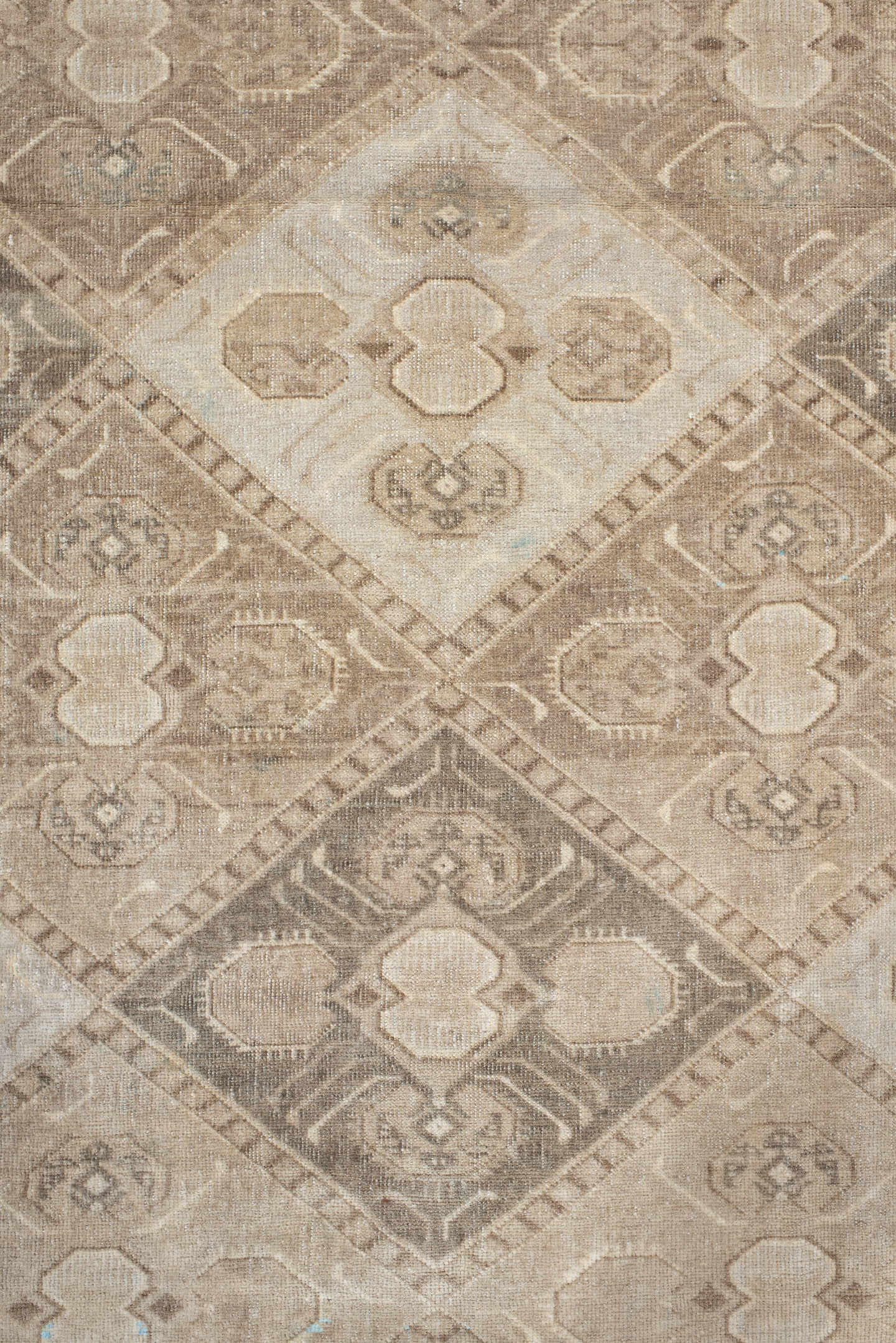 6' x 9' one-of-a-kind handmade antique Afghan medium size rug. Color palette: ivory, taupe, camel, beige, brown, sand