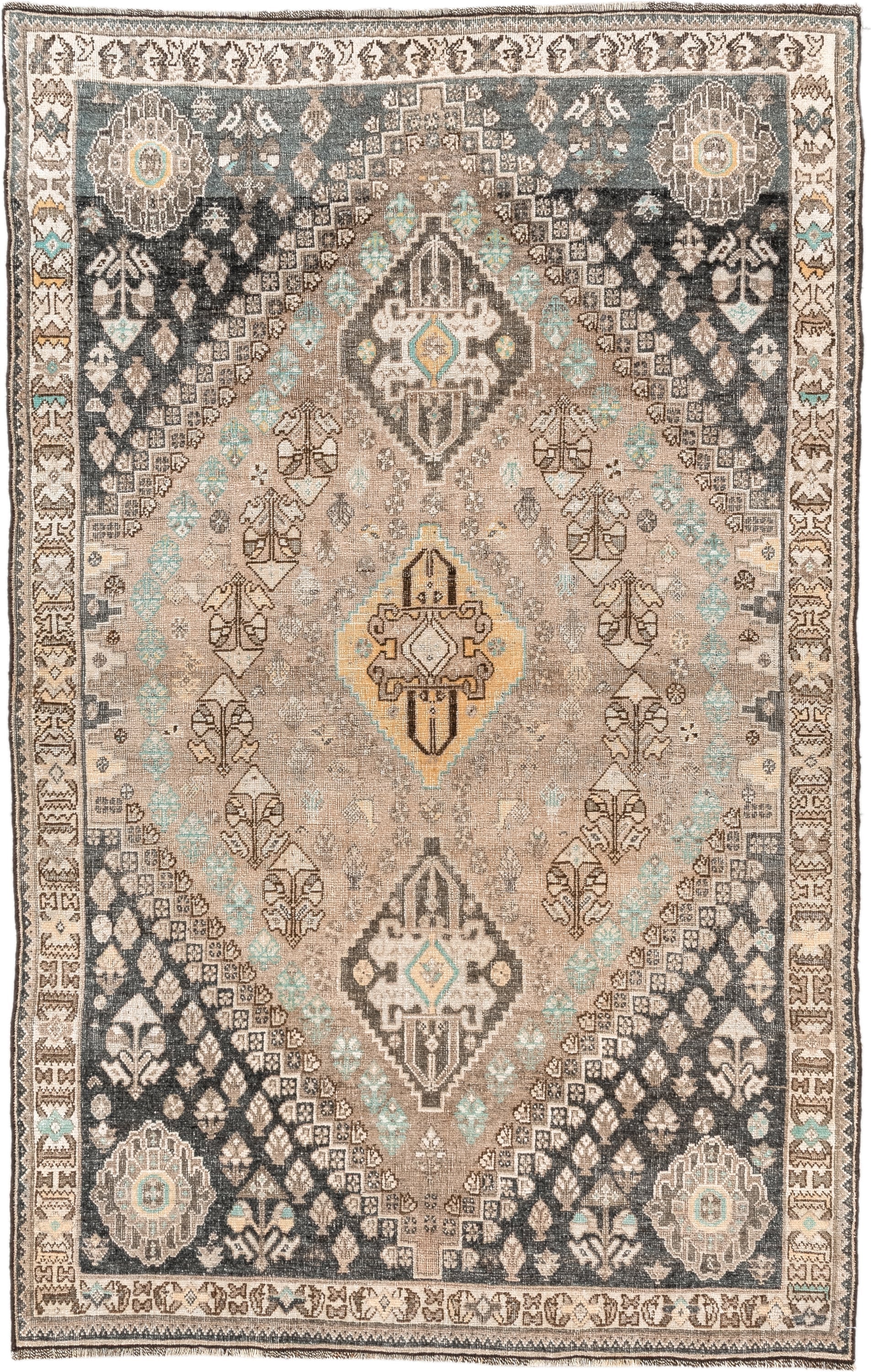 3' x 5' one-of-a-kind handmade vintage Shiraz small size rug. Color palette: taupe, charcoal, ivory, brown, turquoise, cream
