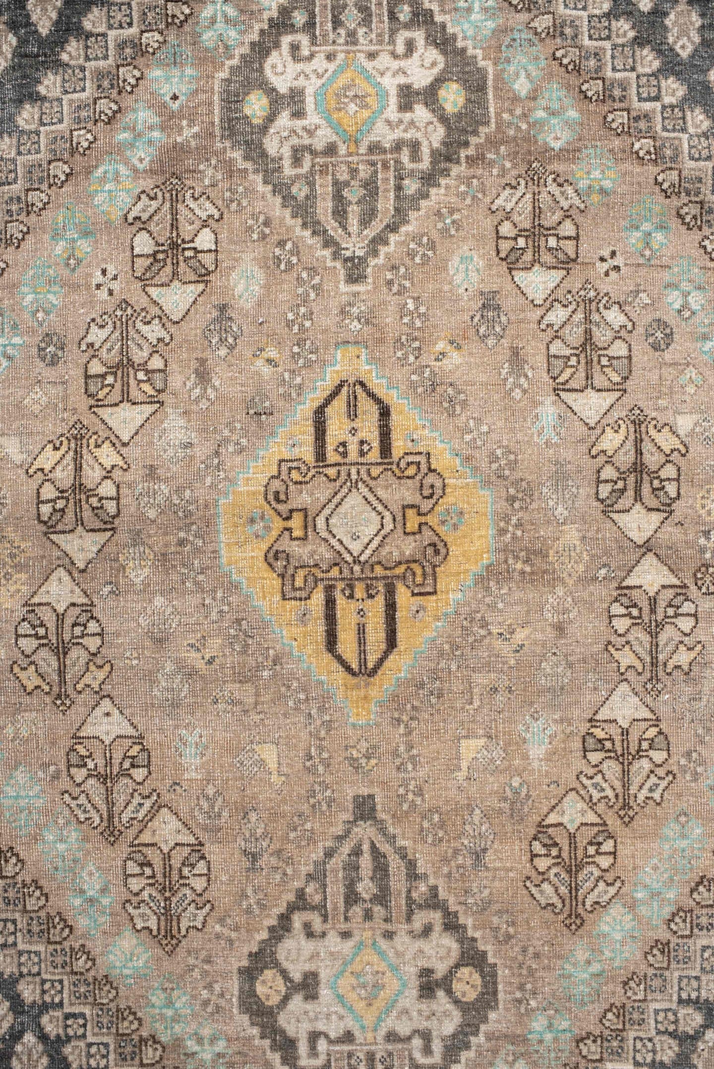 3' x 5' one-of-a-kind handmade vintage Shiraz small size rug. Color palette: taupe, charcoal, ivory, brown, turquoise, cream