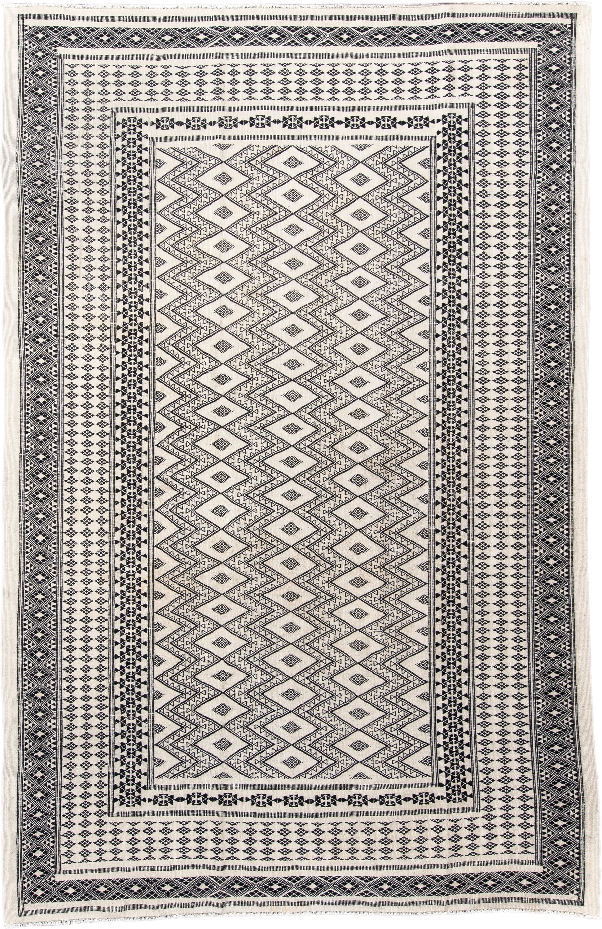 7' x 10' one-of-a-kind handmade vintage Kilim large size rug. Color palette: ivory, charcoal, black, gray