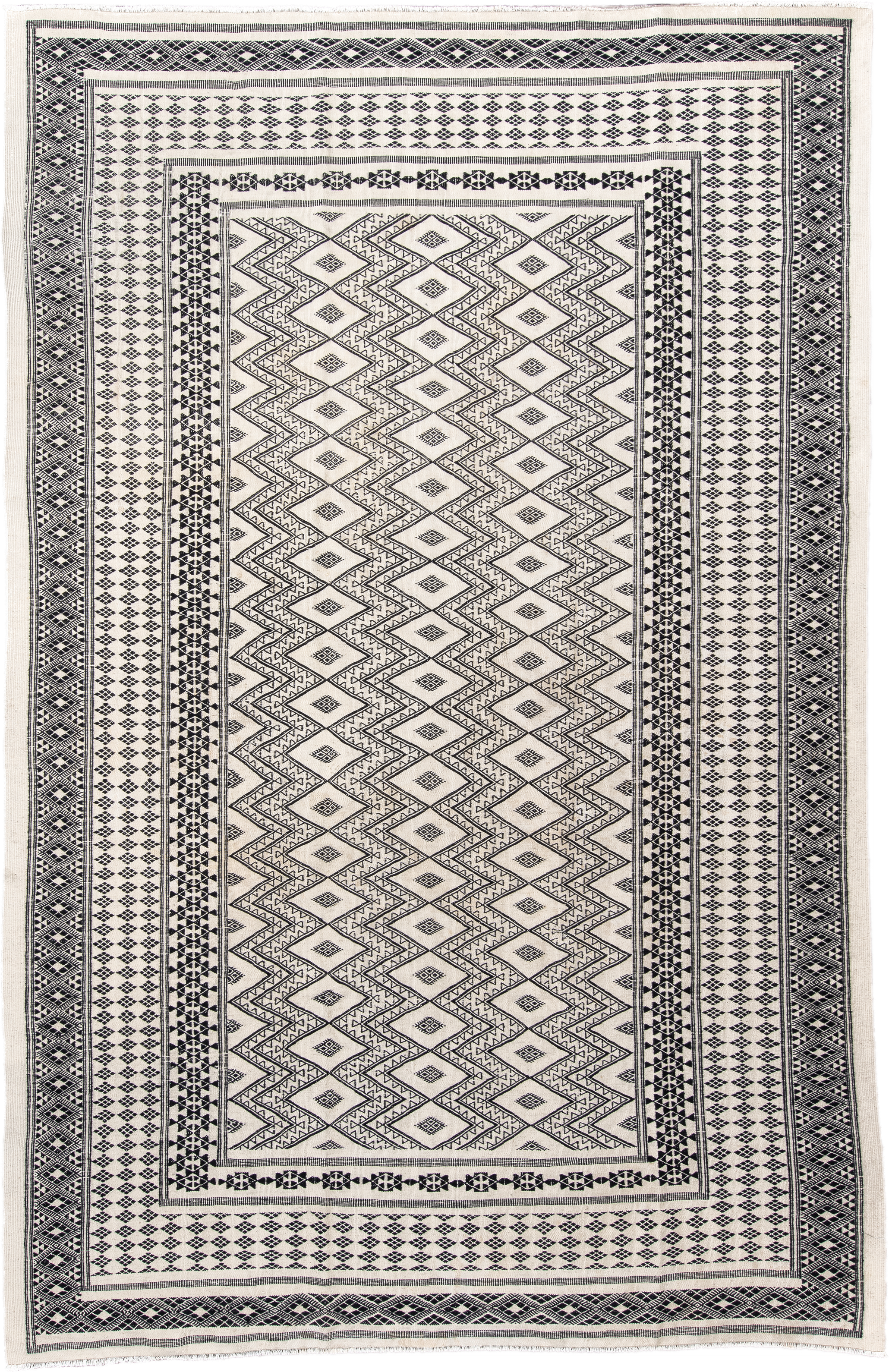 7' x 10' one-of-a-kind handmade vintage Kilim large size rug. Color palette: ivory, charcoal, black, gray