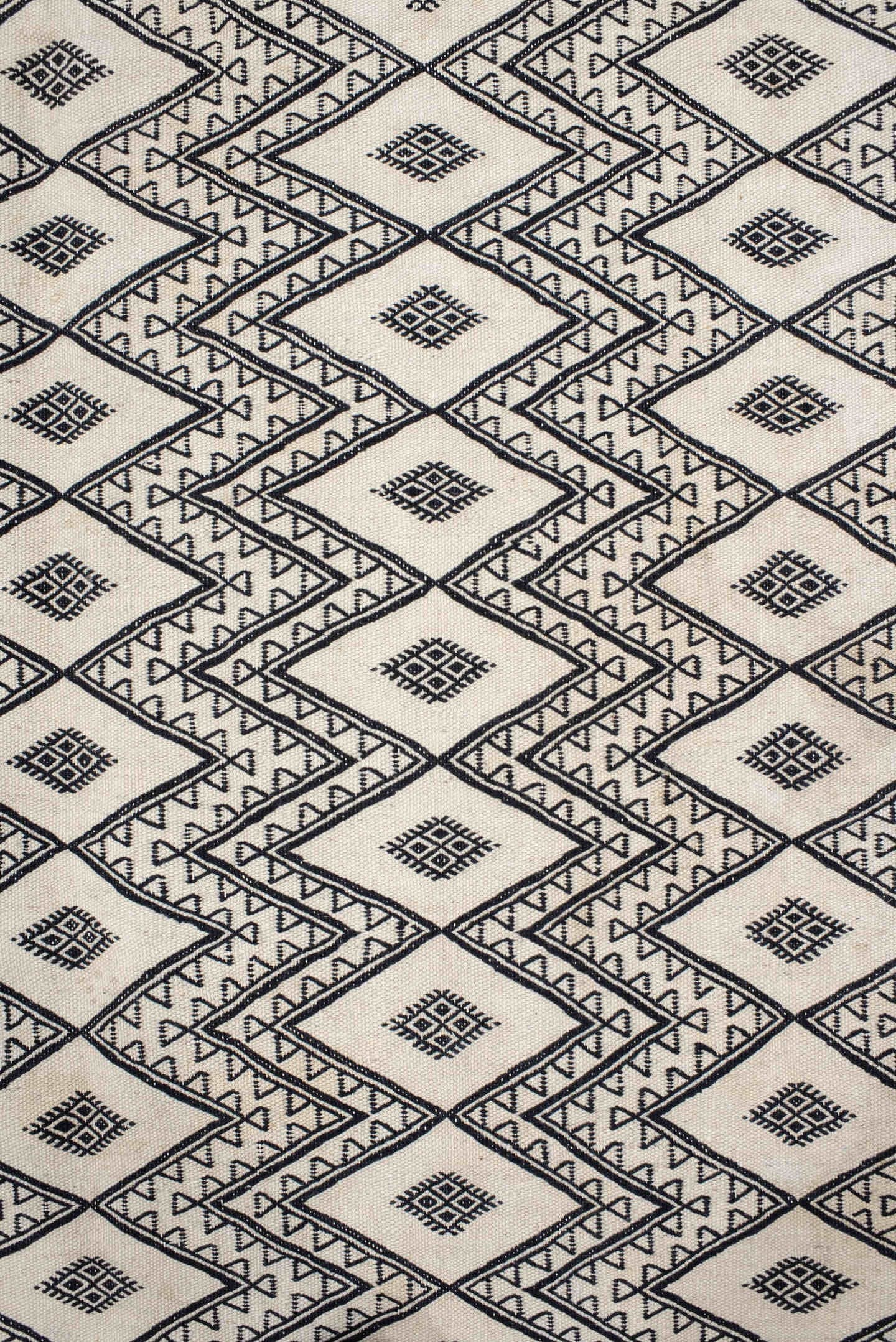 7' x 10' one-of-a-kind handmade vintage Kilim large size rug. Color palette: ivory, charcoal, black, gray