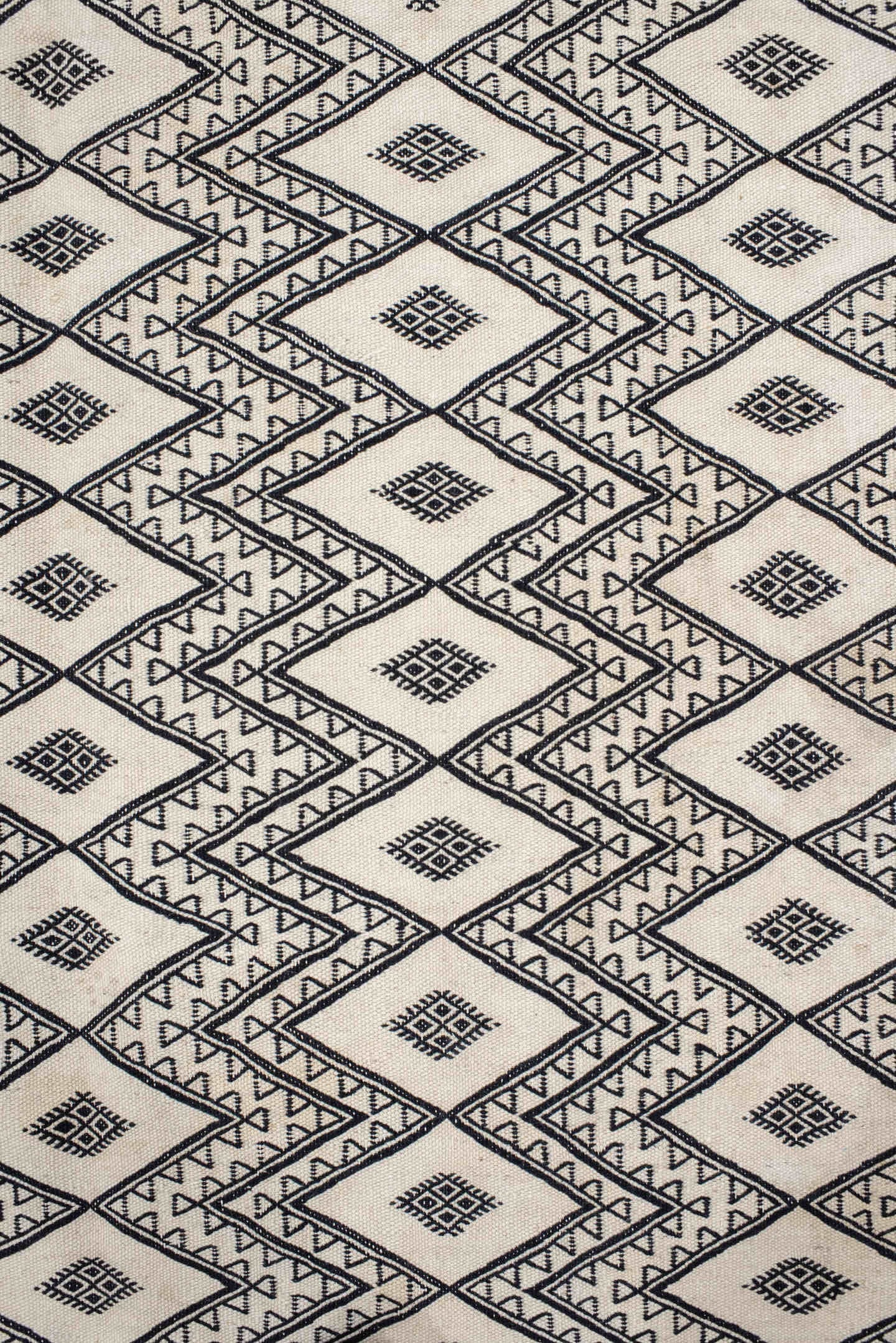7' x 10' one-of-a-kind handmade vintage Kilim large size rug. Color palette: ivory, charcoal, black, gray