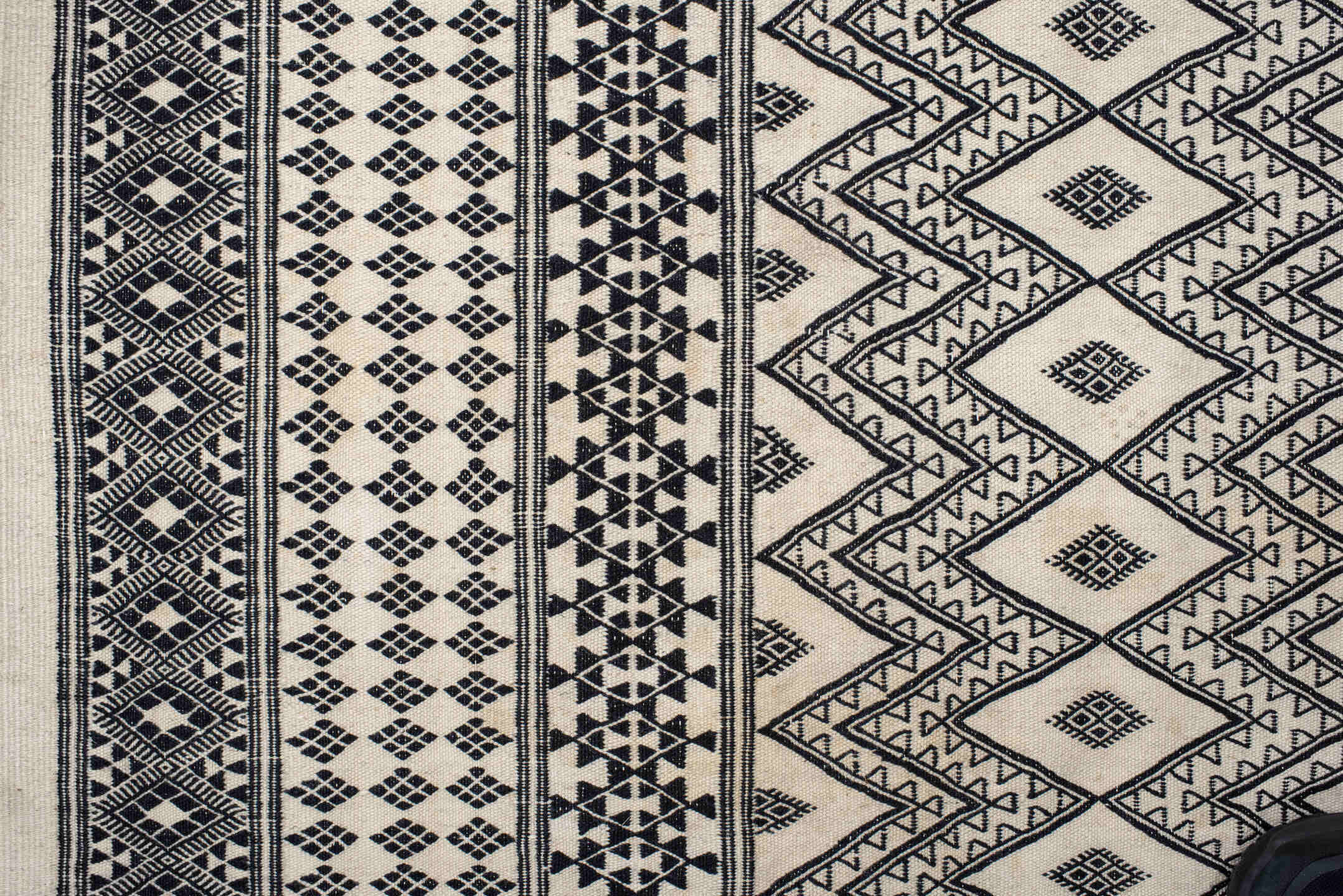 7' x 10' one-of-a-kind handmade vintage Kilim large size rug. Color palette: ivory, charcoal, black, gray