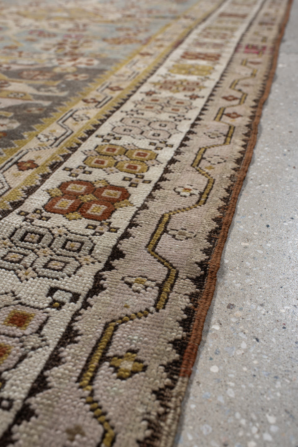 3' x 10' one-of-a-kind handmade antique Caucasian runner rug. Color palette: ivory, pale blue, taupe, rose, rust, gold, sage