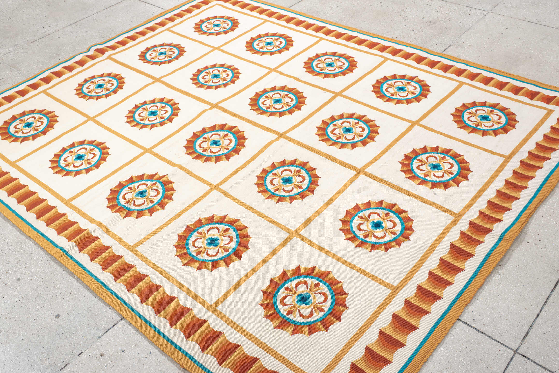 6' x 7' one-of-a-kind handmade antique Needlepoint rug. Color palette: ivory, rust, peach, turquoise, camel, terracotta