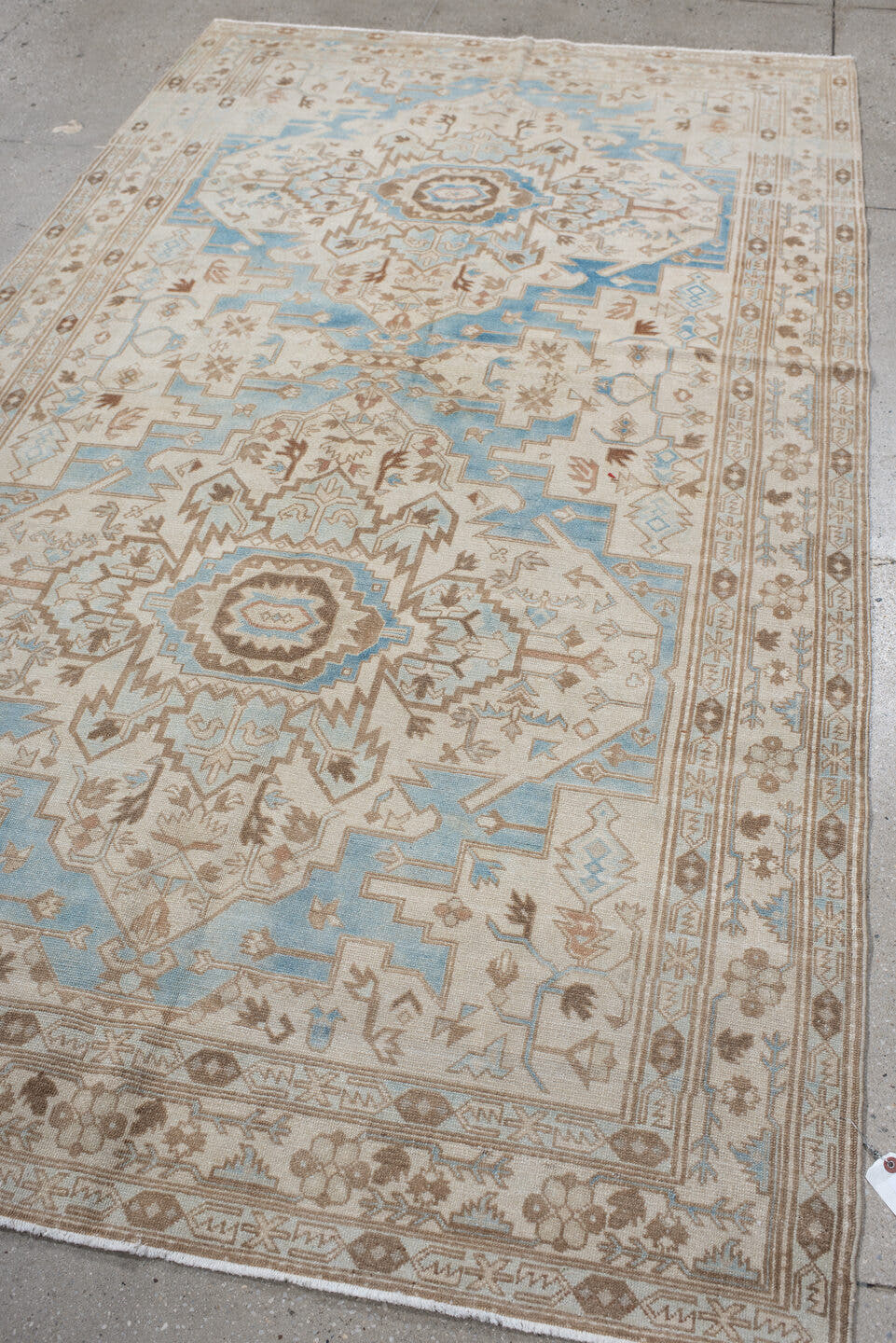 4' x 8' one-of-a-kind handmade antique Sivas rug. Color palette: ivory, sky_blue, taupe, camel, beige, light_blue