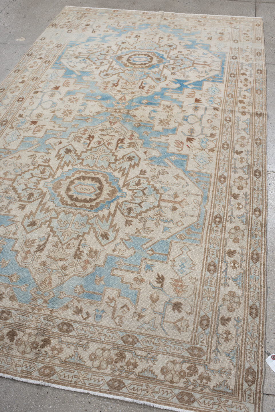 4' x 8' one-of-a-kind handmade antique Sivas rug. Color palette: ivory, sky_blue, taupe, camel, beige, light_blue