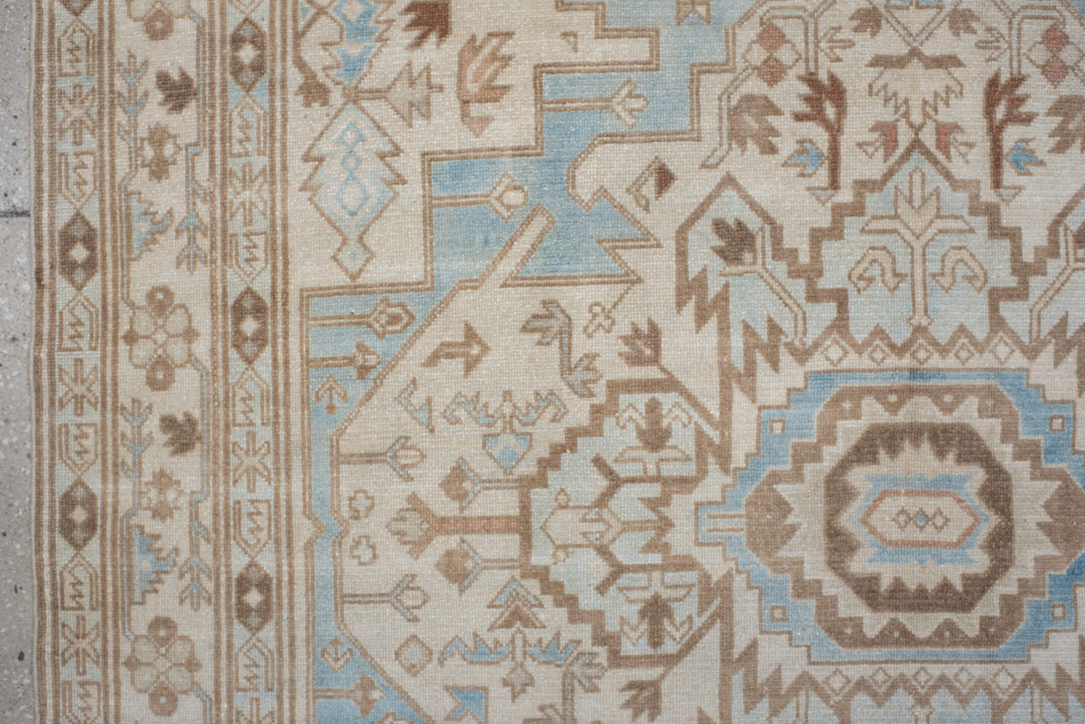 4' x 8' one-of-a-kind handmade vintage Sivas rug. Color palette: gray, light gray, off-white, blue, brown, pink, silver