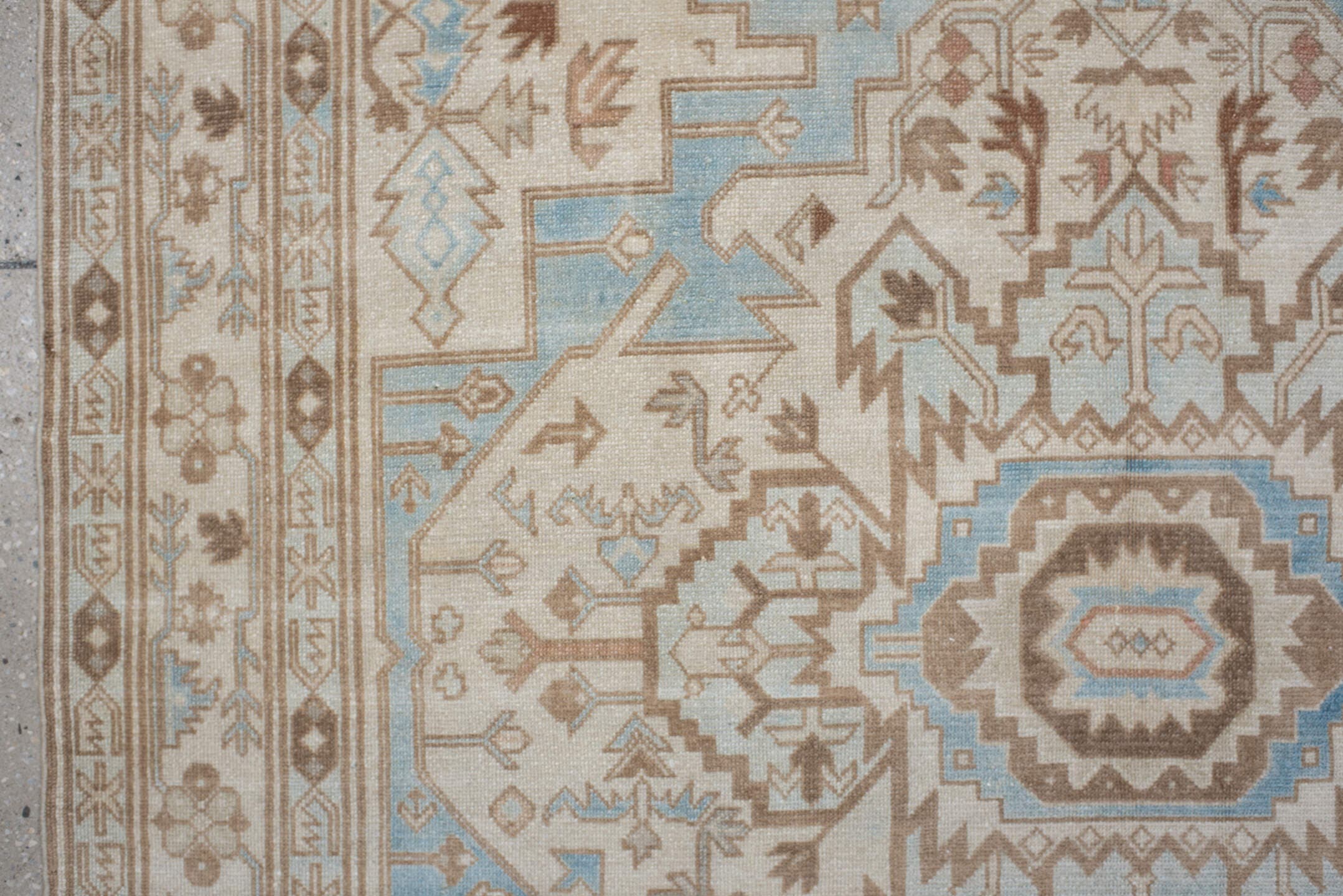 4' x 8' one-of-a-kind handmade antique Sivas rug. Color palette: ivory, sky_blue, taupe, camel, beige, light_blue