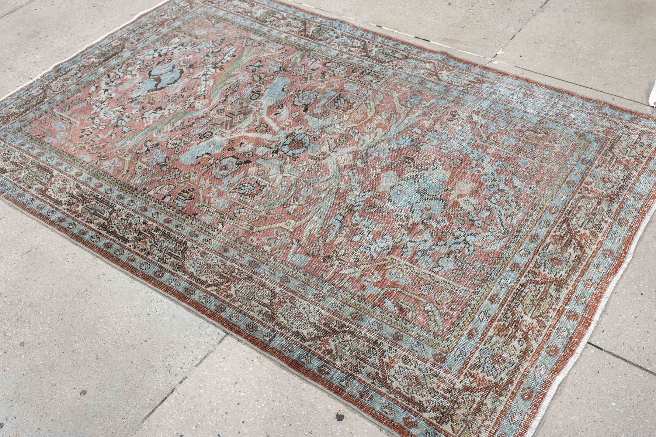 4' x 6' one-of-a-kind handmade vintage Mahal rug. Color palette: coral, ivory, pale blue, brown, taupe, rust, sage