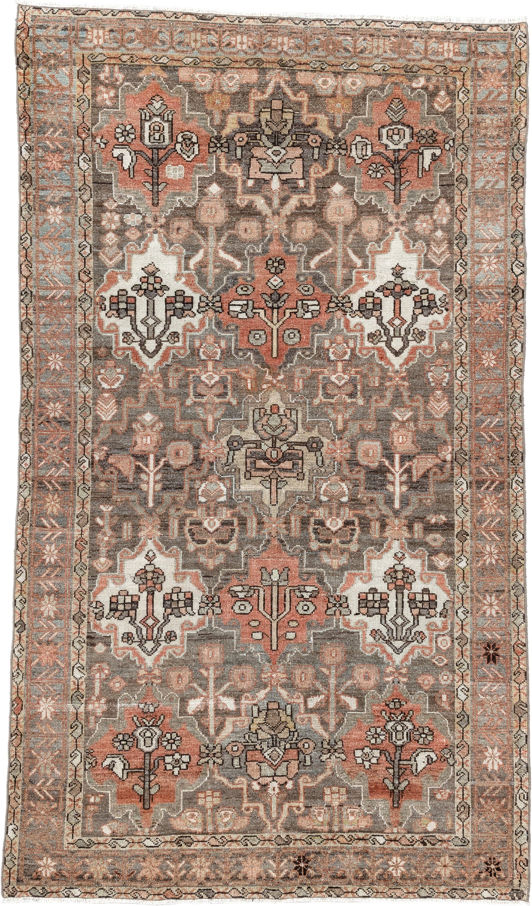 4' x 7' one-of-a-kind handmade vintage Baktiary rug. Color palette: taupe, terra cotta, ivory, slate, camel, charcoal, rose