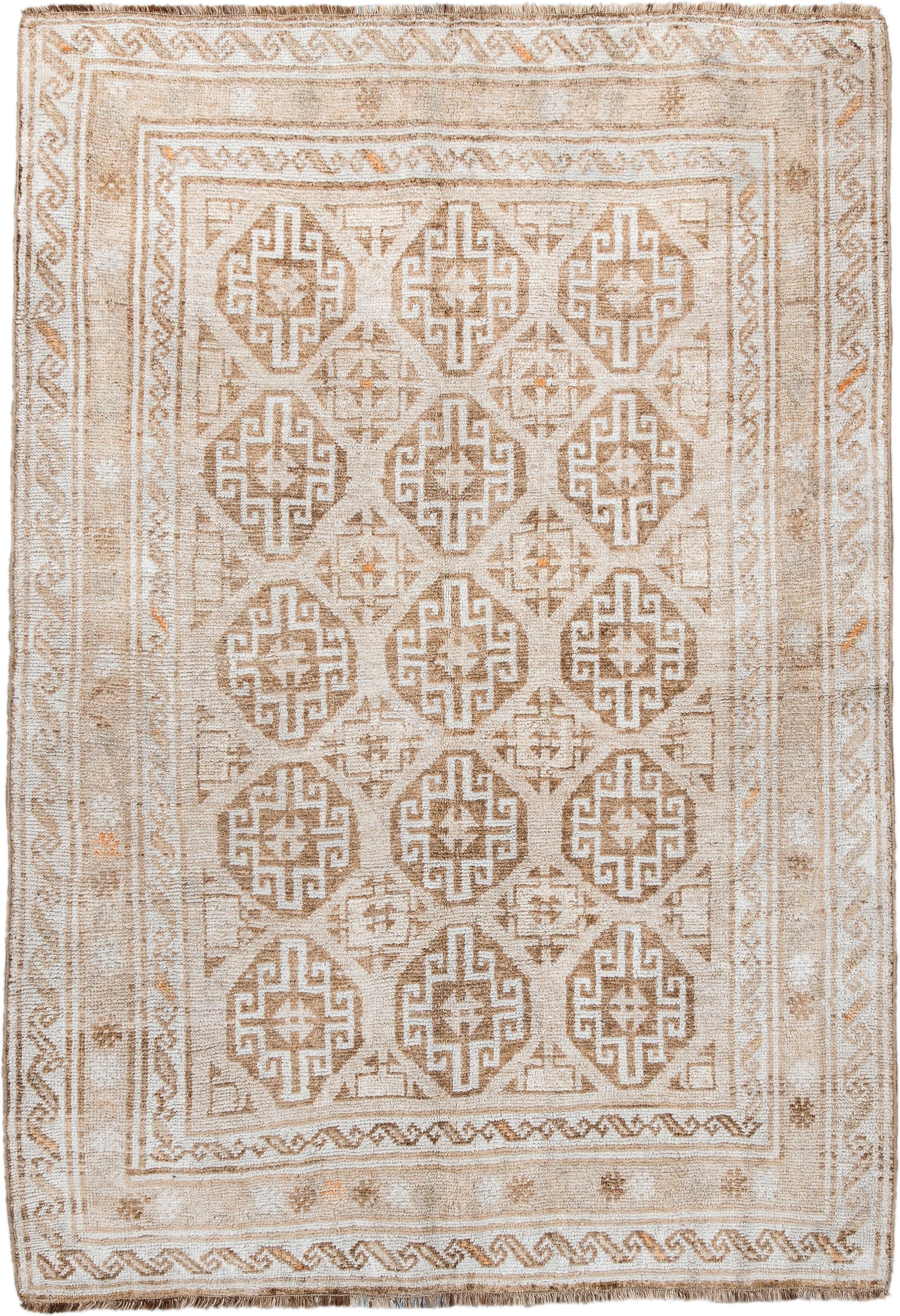 4' x 6' one-of-a-kind handmade antique Gabbe small size rug. Color palette: ivory, camel, tan, taupe, beige, soft orange