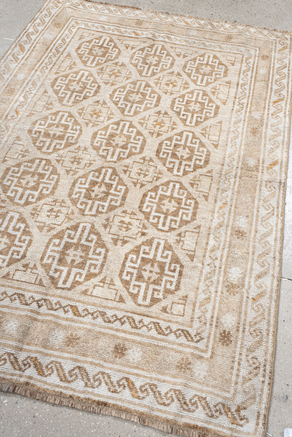 4' x 6' one-of-a-kind handmade antique Gabbe small size rug. Color palette: ivory, camel, tan, taupe, beige, soft orange