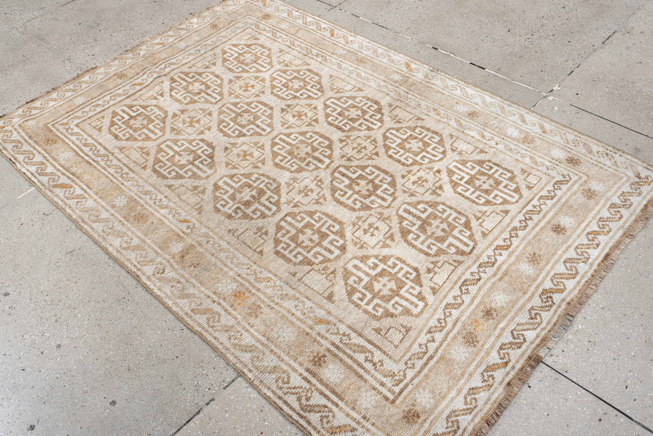 4' x 6' one-of-a-kind handmade antique Gabbe small size rug. Color palette: ivory, camel, tan, taupe, beige, soft orange