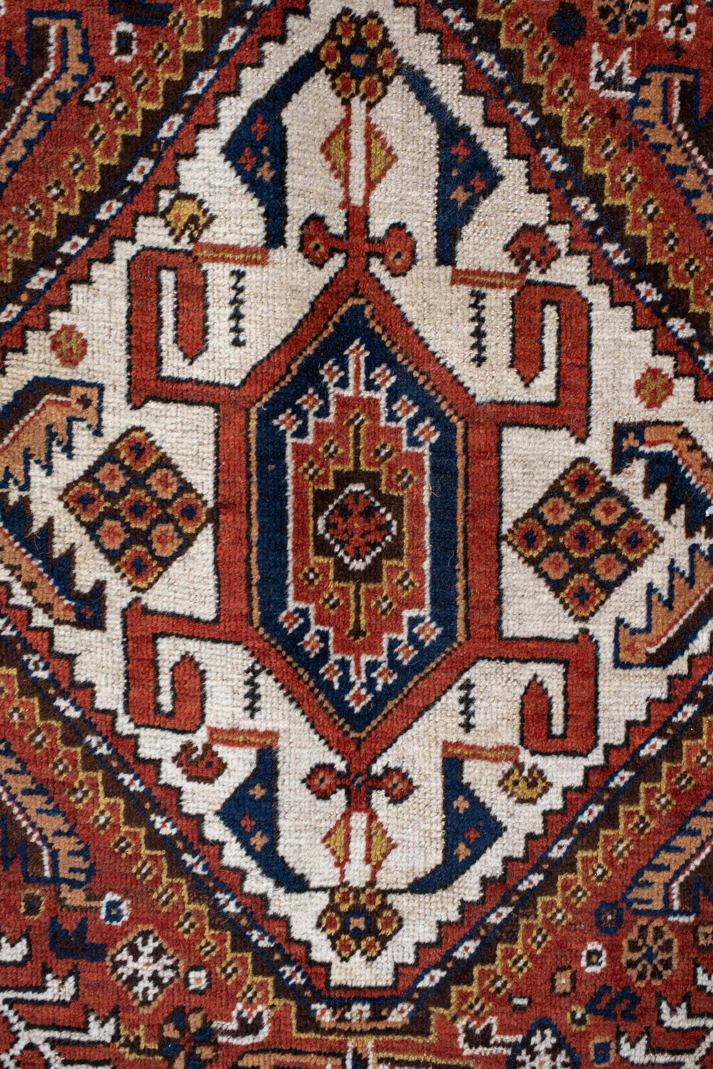 6' x 11' one-of-a-kind handmade antique Qashqai large size rug. Color palette: rust, navy, ivory, terracotta, camel