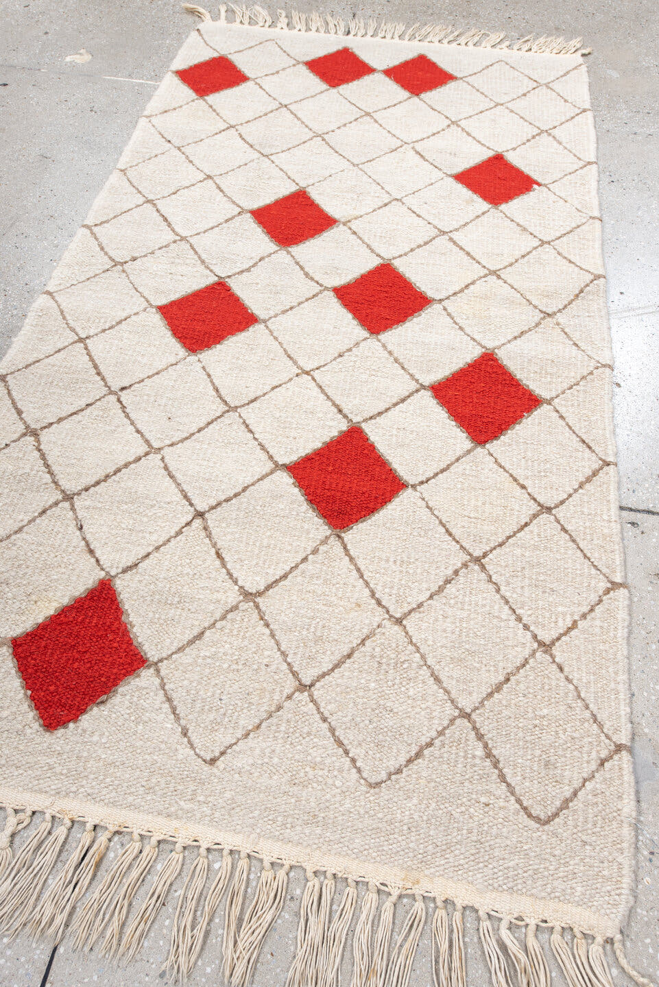 3' x 5' one-of-a-kind handmade vintage Kilim small size rug. Color palette: ivory, rust, taupe, terracotta, brown, beige