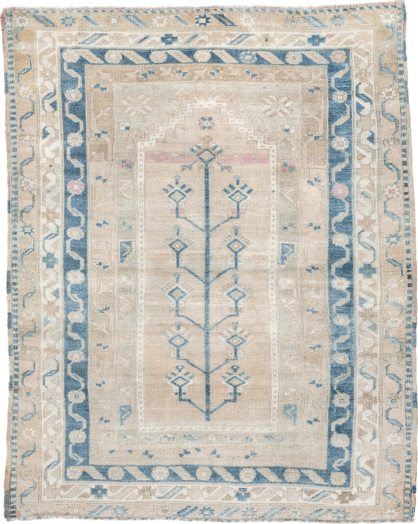 4' x 5' one-of-a-kind handmade vintage Anatolian small size rug. Color palette: ivory, sky_blue, beige, blush, taupe