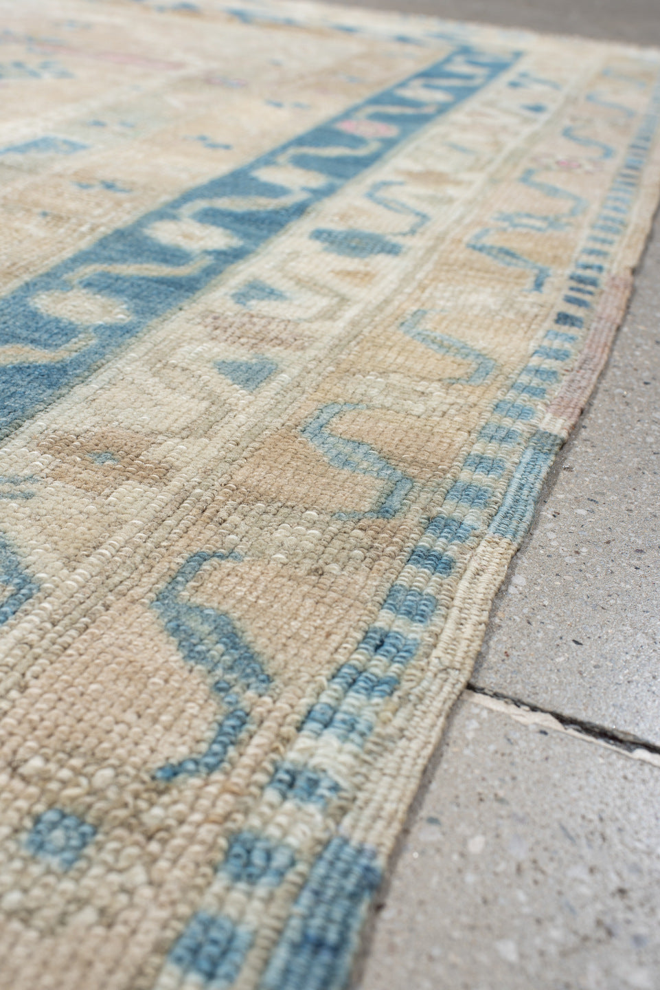 4' x 5' one-of-a-kind handmade vintage Anatolian small size rug. Color palette: ivory, sky_blue, beige, blush, taupe