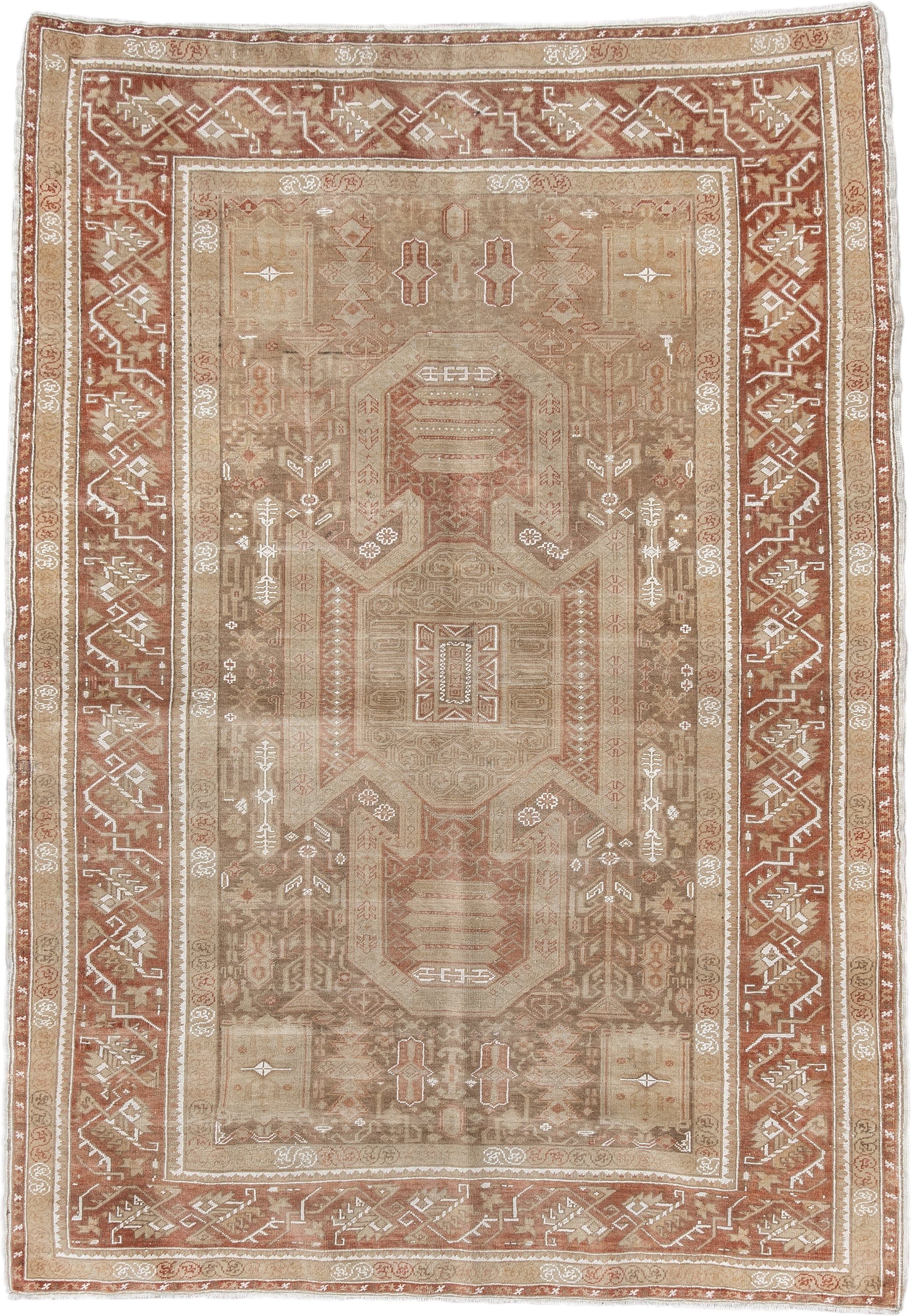 4' x 5' one-of-a-kind handmade antique Kaisary small size rug. Color palette: camel, rust, taupe, ivory, sand, terracotta