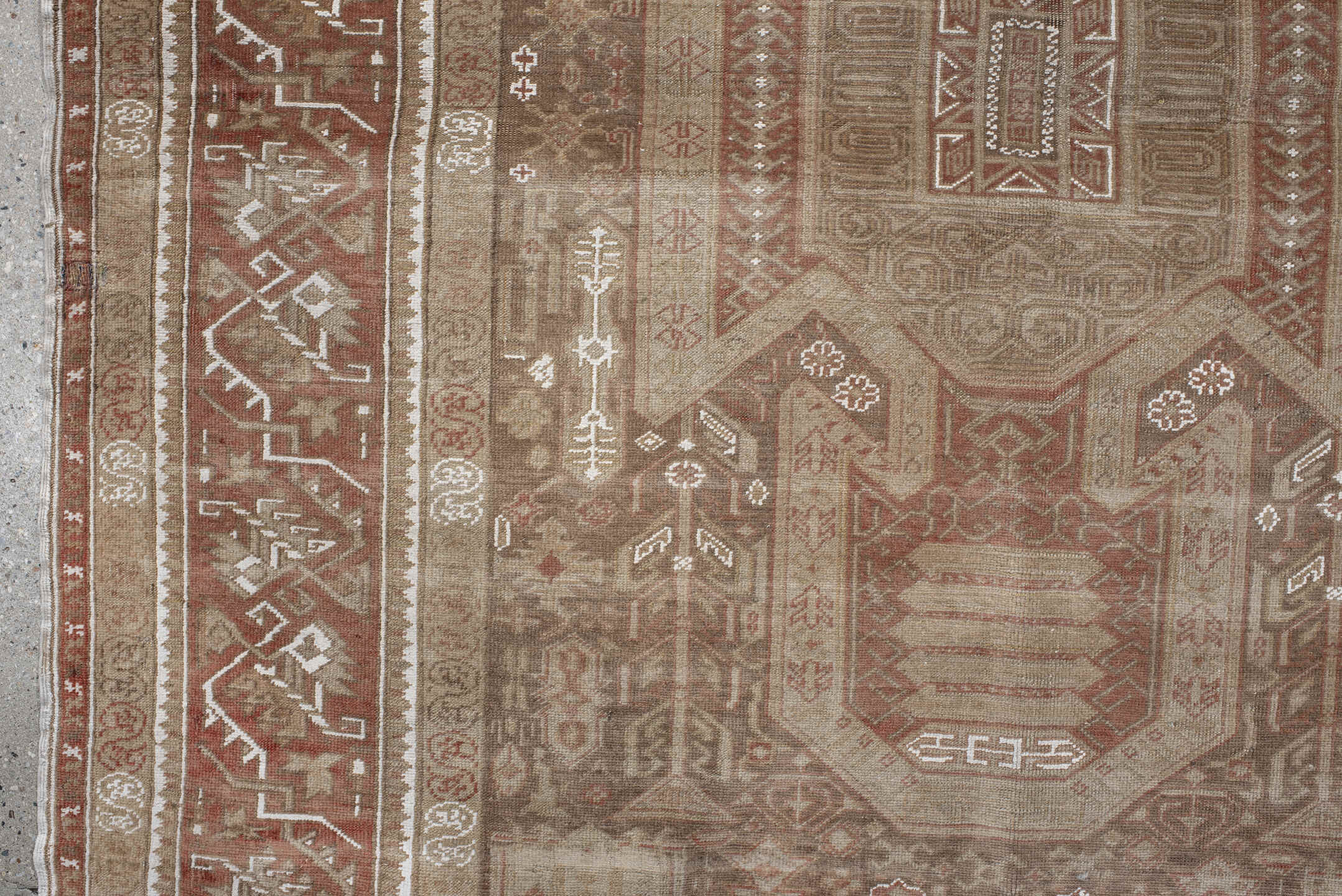 4' x 5' one-of-a-kind handmade antique Kaisary small size rug. Color palette: camel, rust, taupe, ivory, sand, terracotta